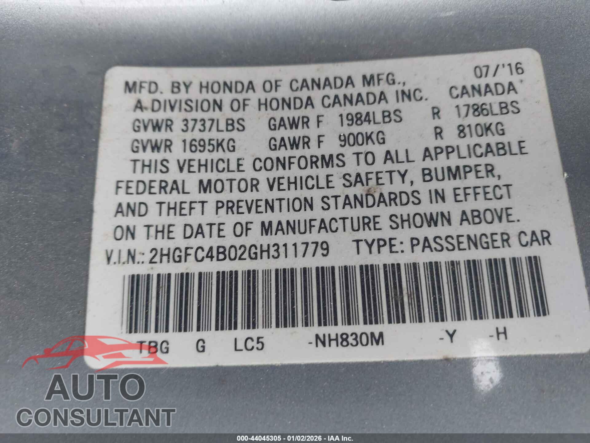 HONDA CIVIC 2016 - 2HGFC4B02GH311779