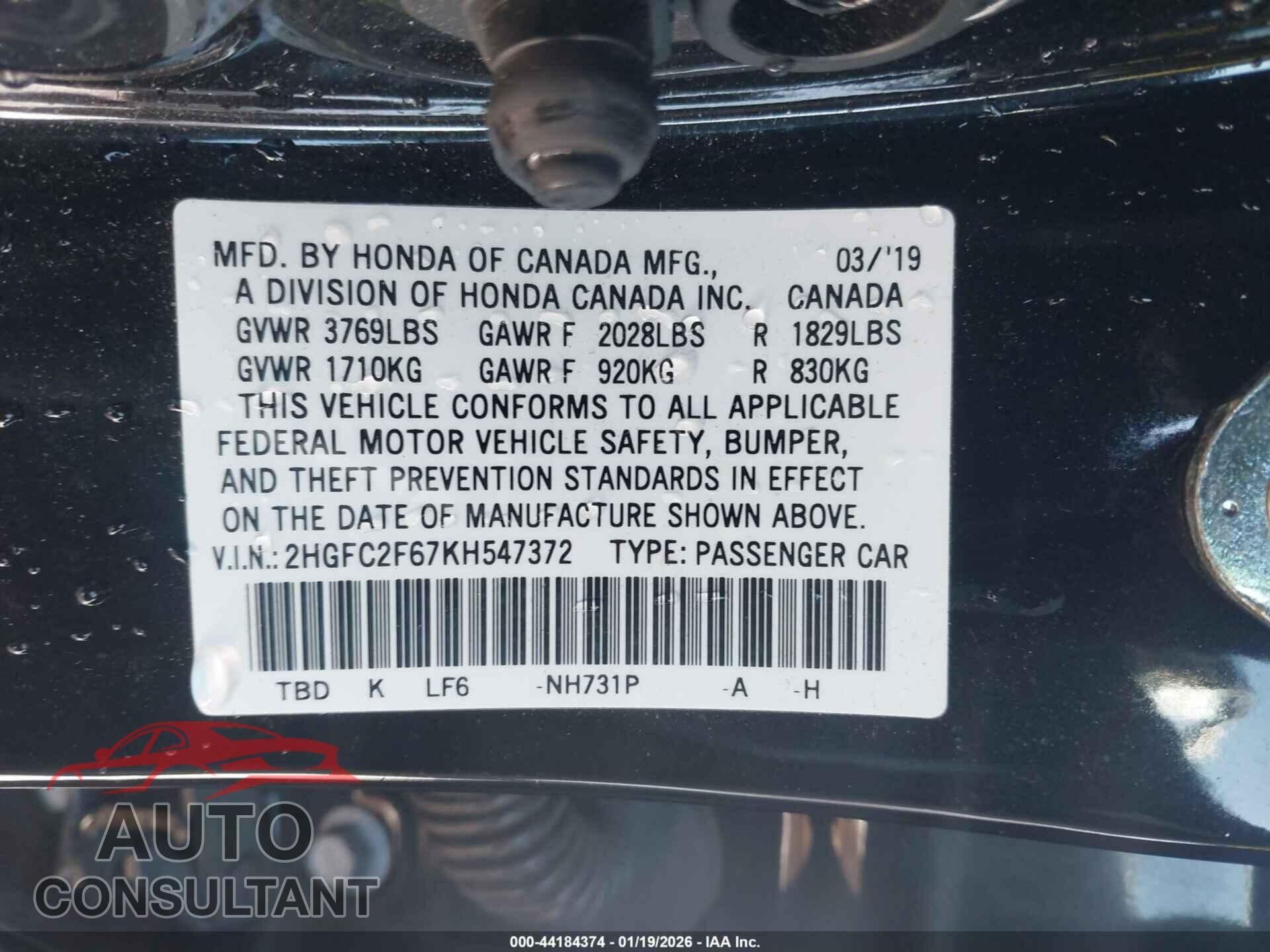 HONDA CIVIC 2019 - 2HGFC2F67KH547372