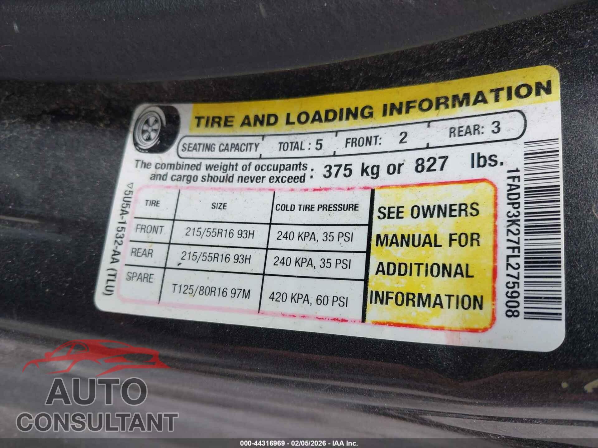 FORD FOCUS 2015 - 1FADP3K27FL275908