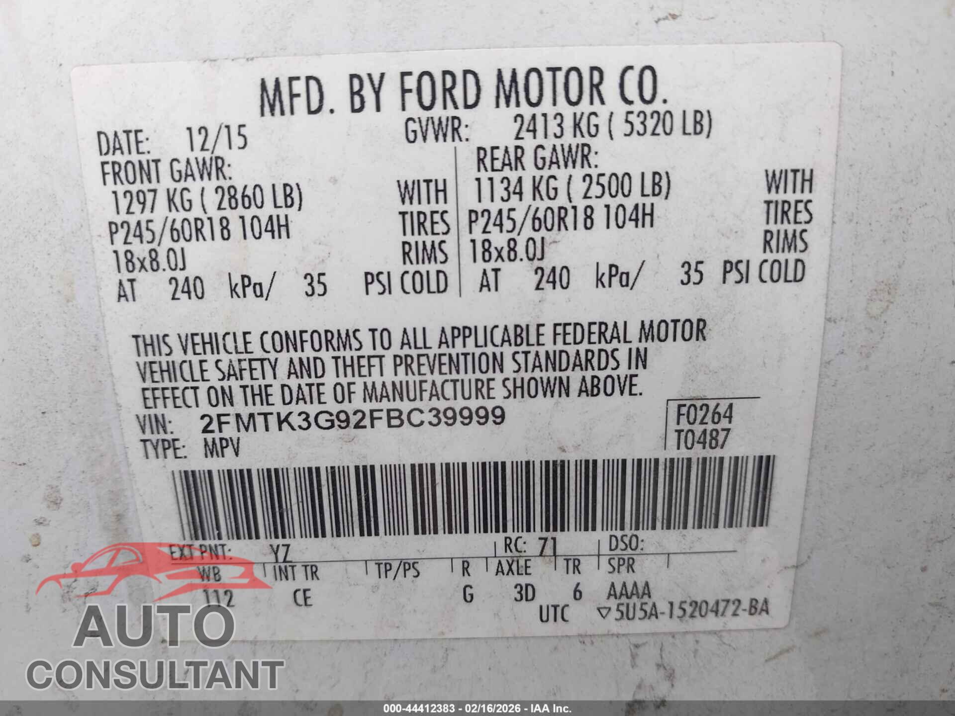 FORD EDGE 2015 - 2FMTK3G92FBC39999