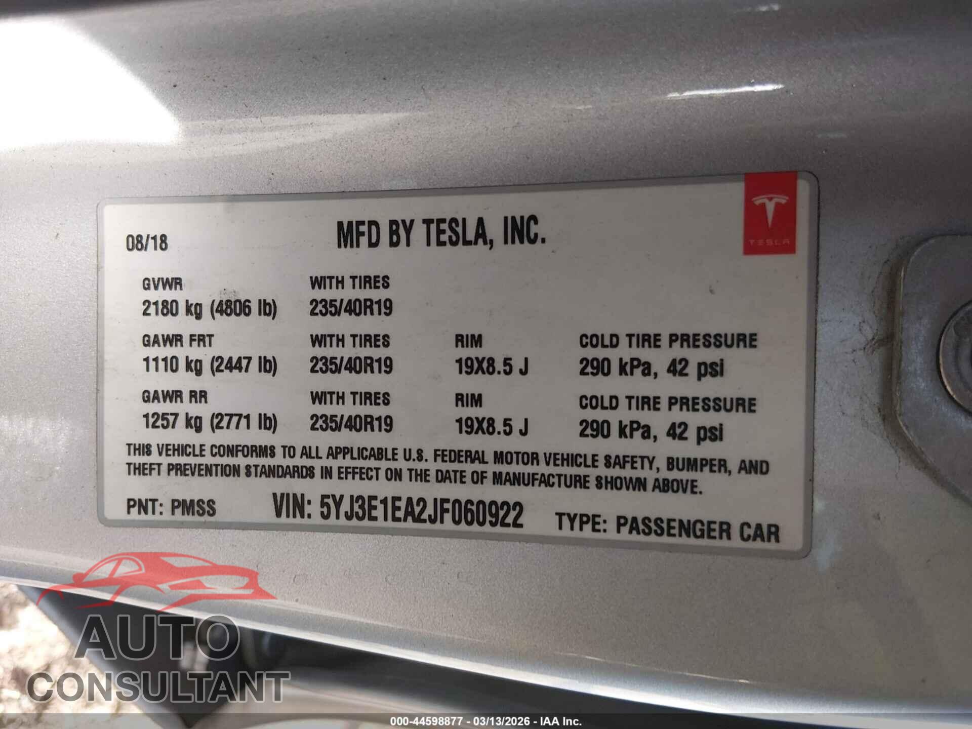 TESLA MODEL 3 2018 - 5YJ3E1EA2JF060922