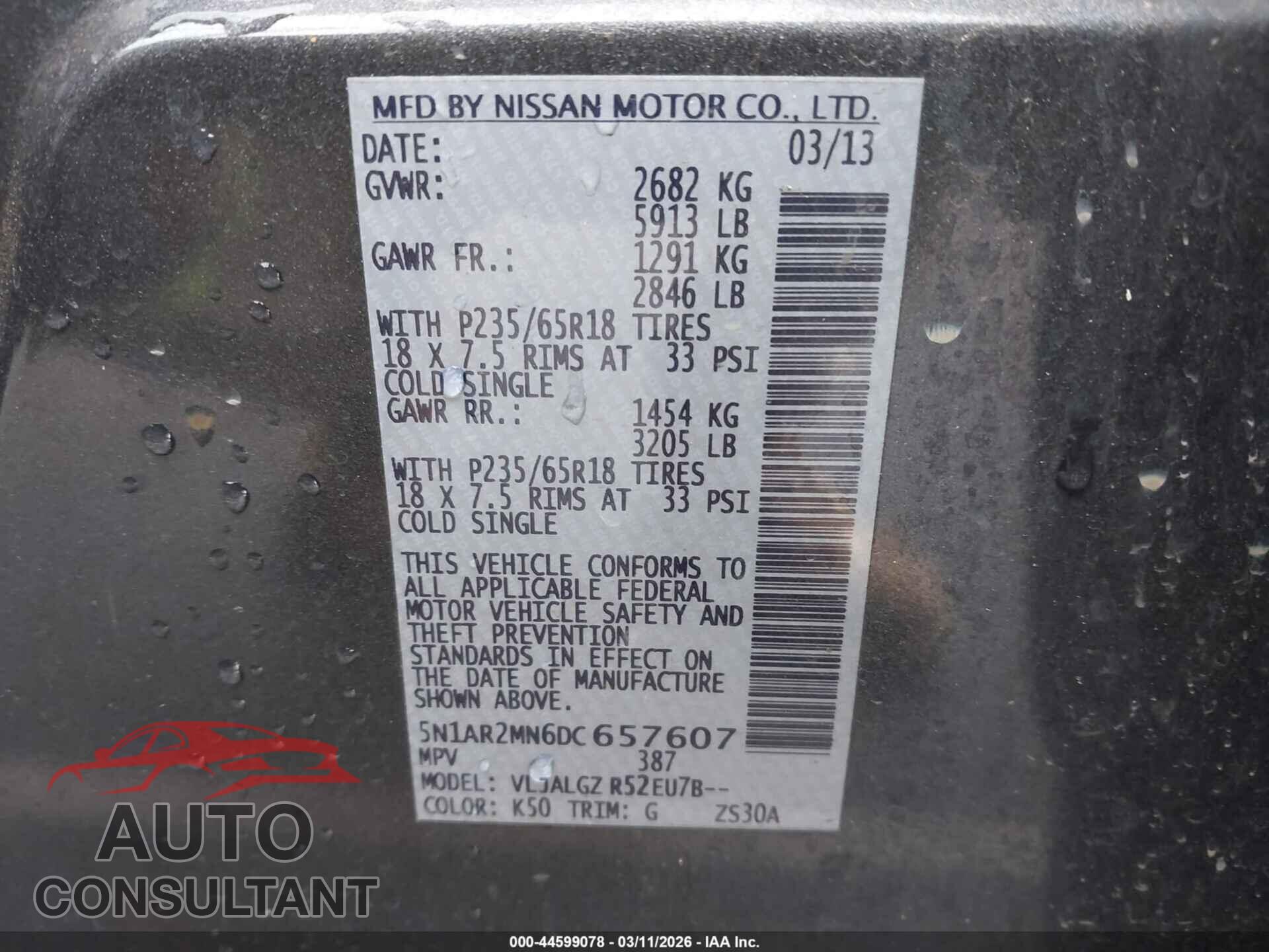 NISSAN PATHFINDER 2013 - 5N1AR2MN6DC657607