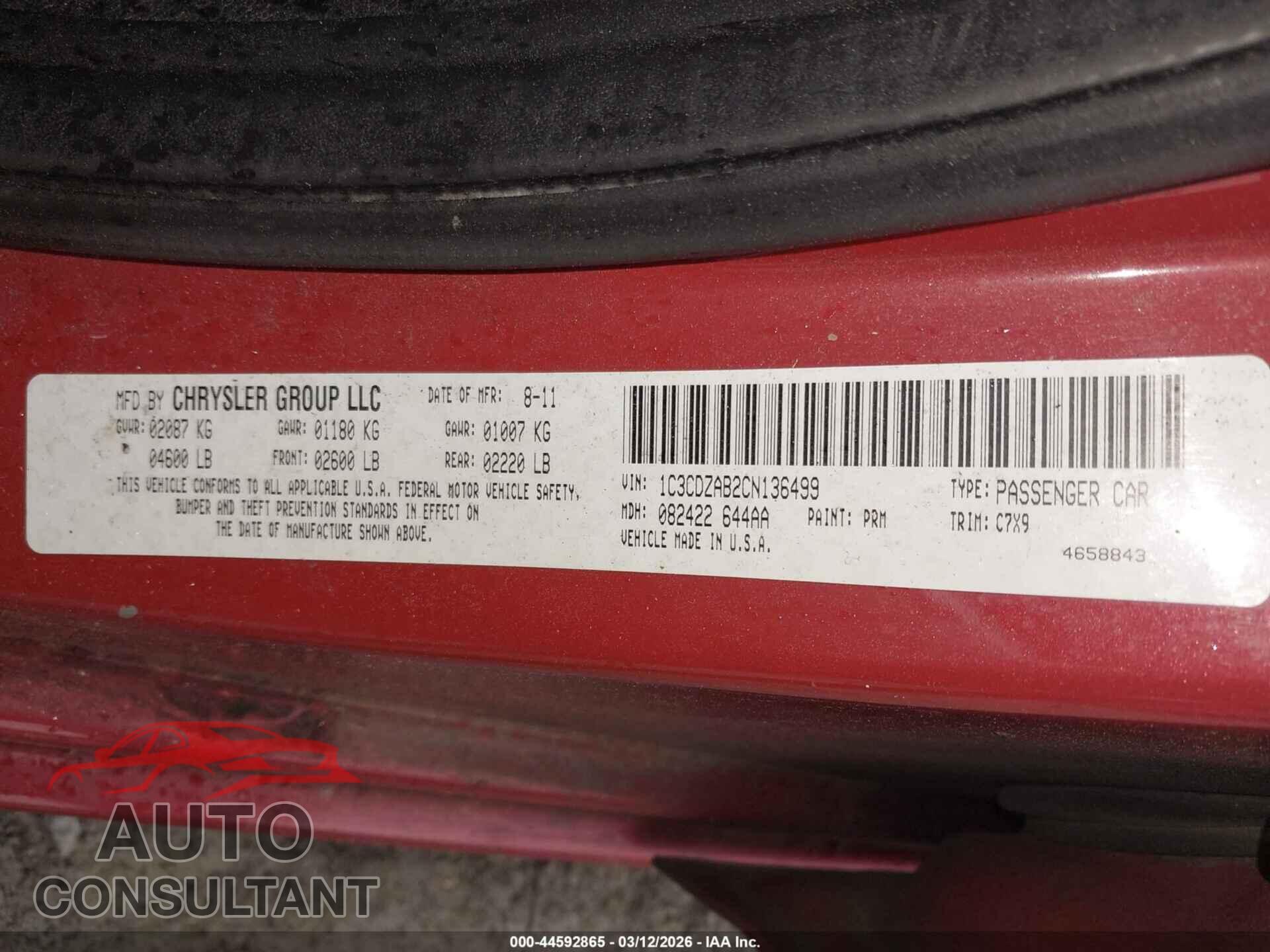 DODGE AVENGER 2012 - 1C3CDZAB2CN136499