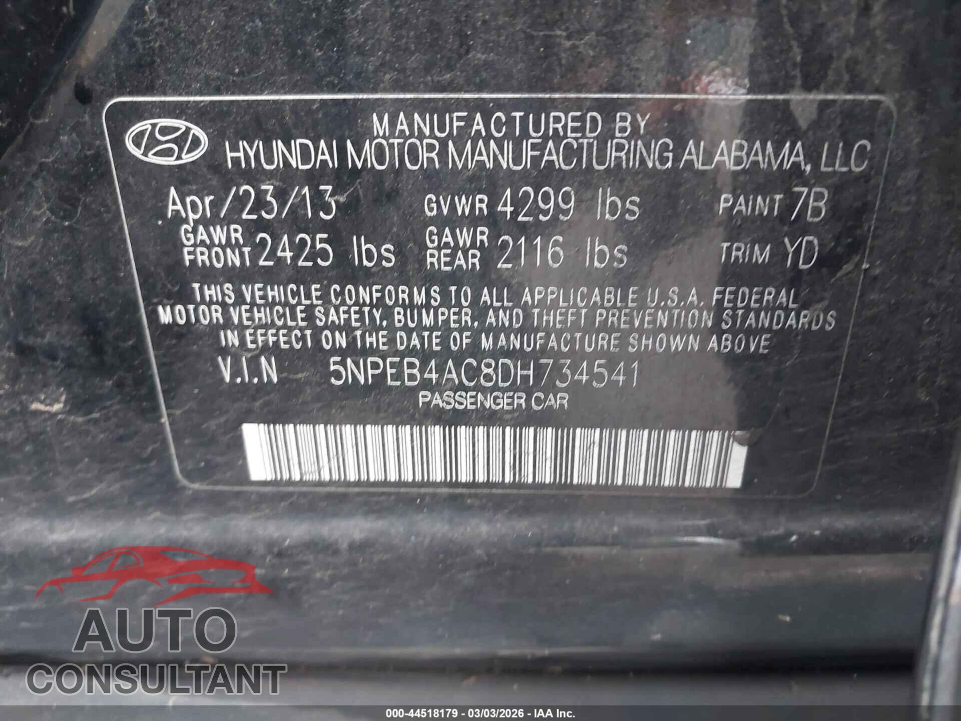 HYUNDAI SONATA 2013 - 5NPEB4AC8DH734541