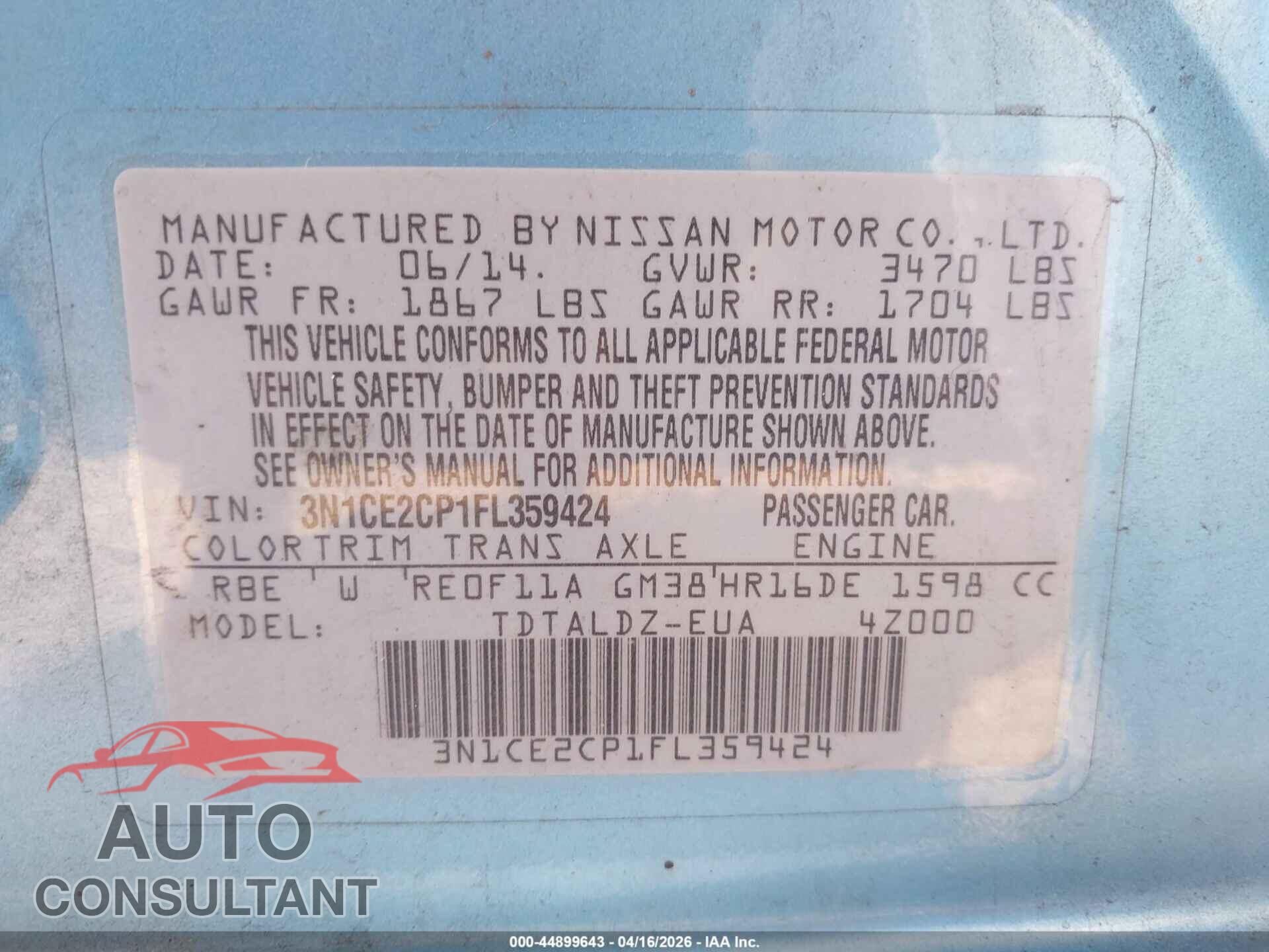 NISSAN VERSA NOTE 2015 - 3N1CE2CP1FL359424