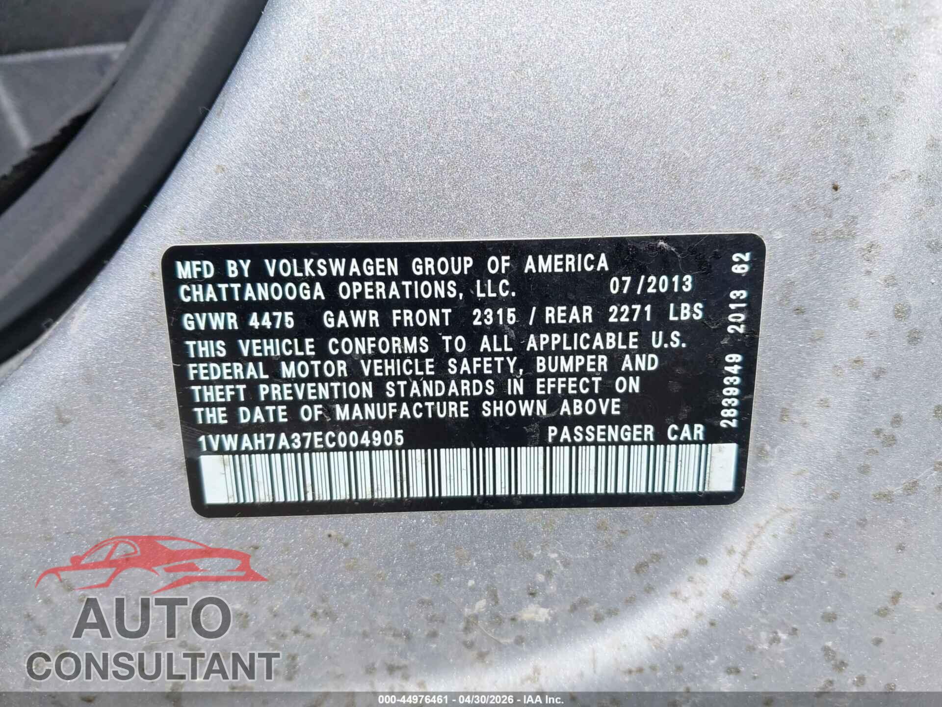 VOLKSWAGEN PASSAT 2014 - 1VWAH7A37EC004905
