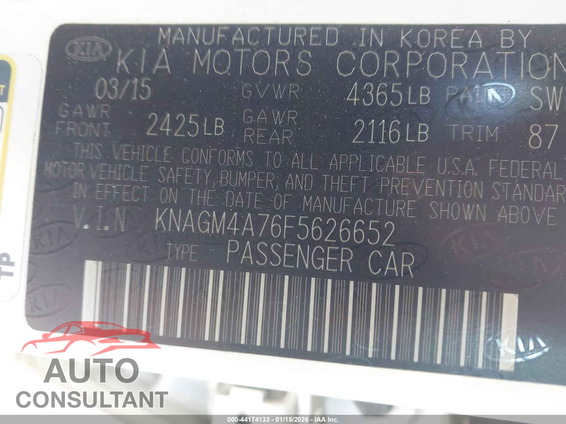 KIA OPTIMA 2015 - KNAGM4A76F5626652