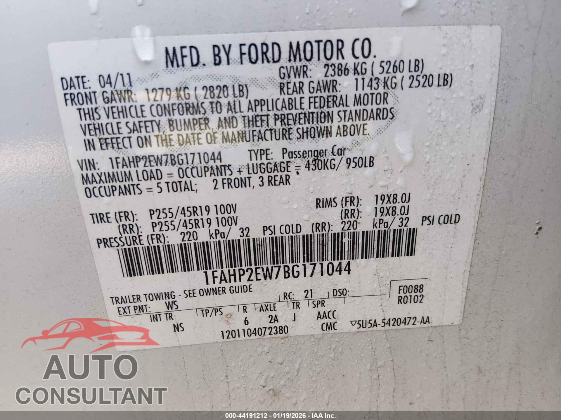 FORD TAURUS 2011 - 1FAHP2EW7BG171044