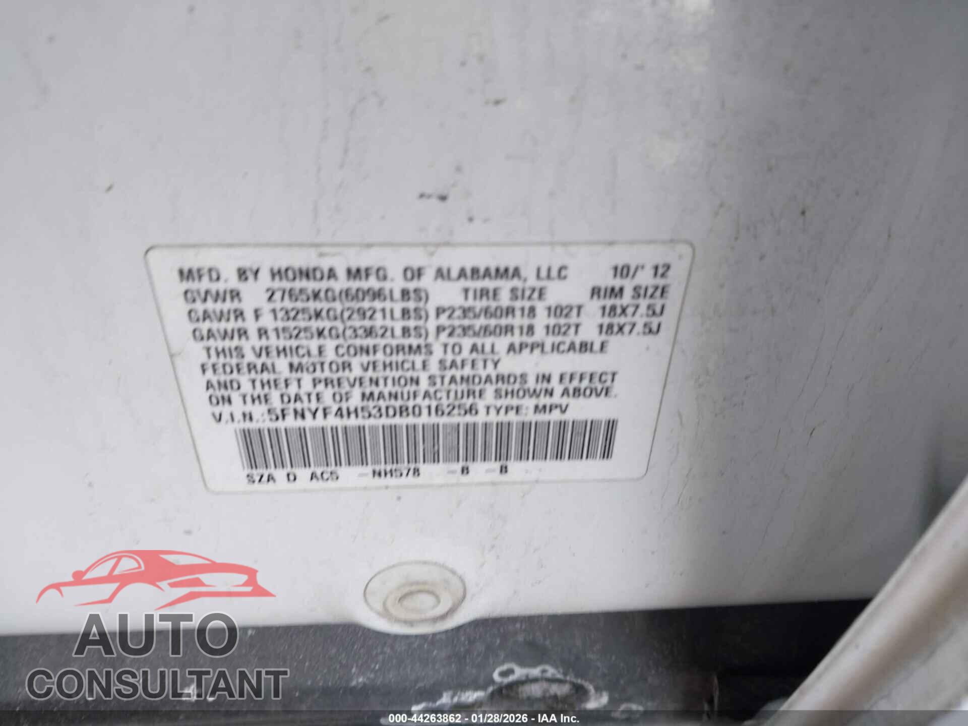 HONDA PILOT 2013 - 5FNYF4H53DB016256