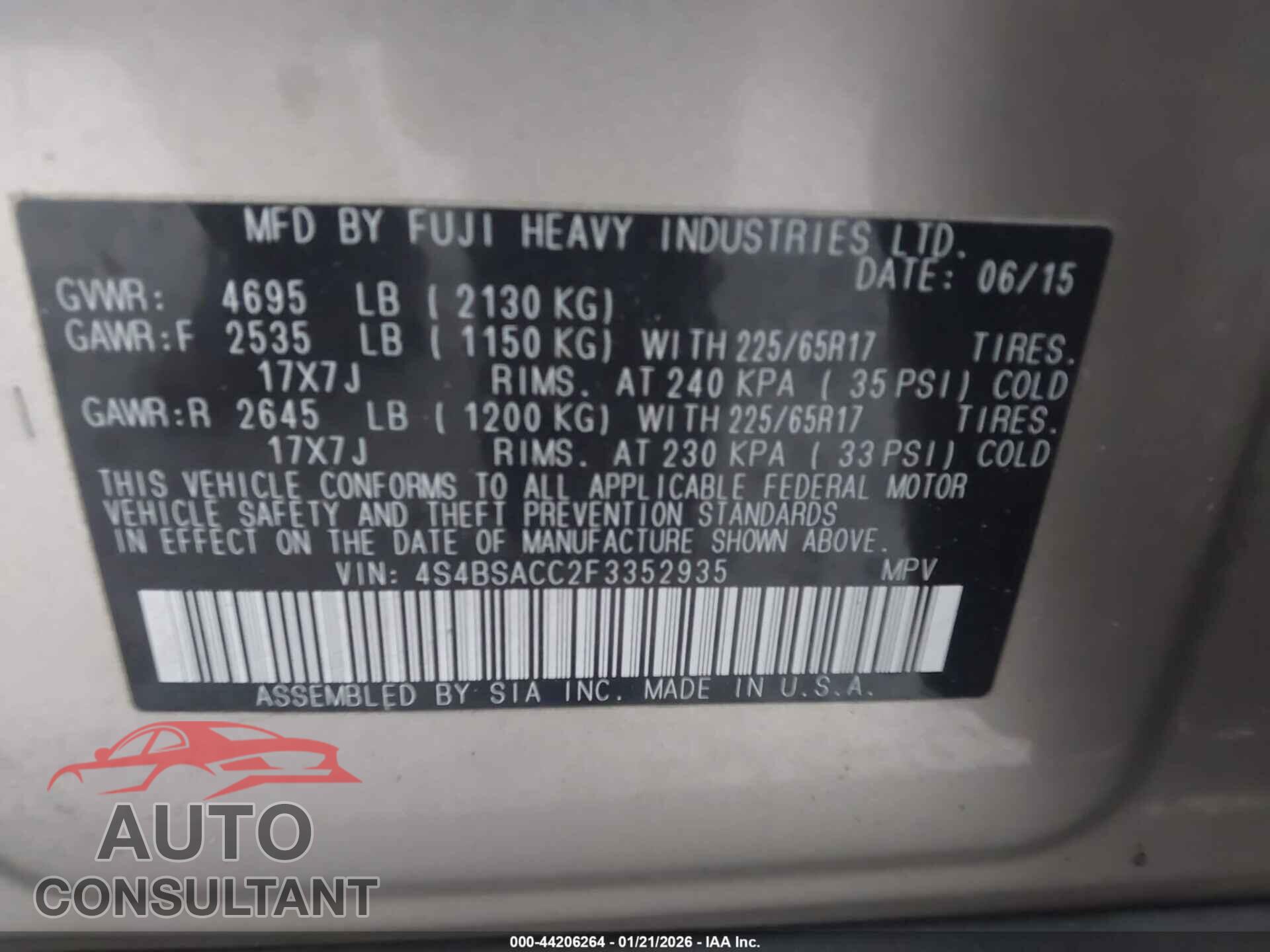 SUBARU OUTBACK 2015 - 4S4BSACC2F3352935