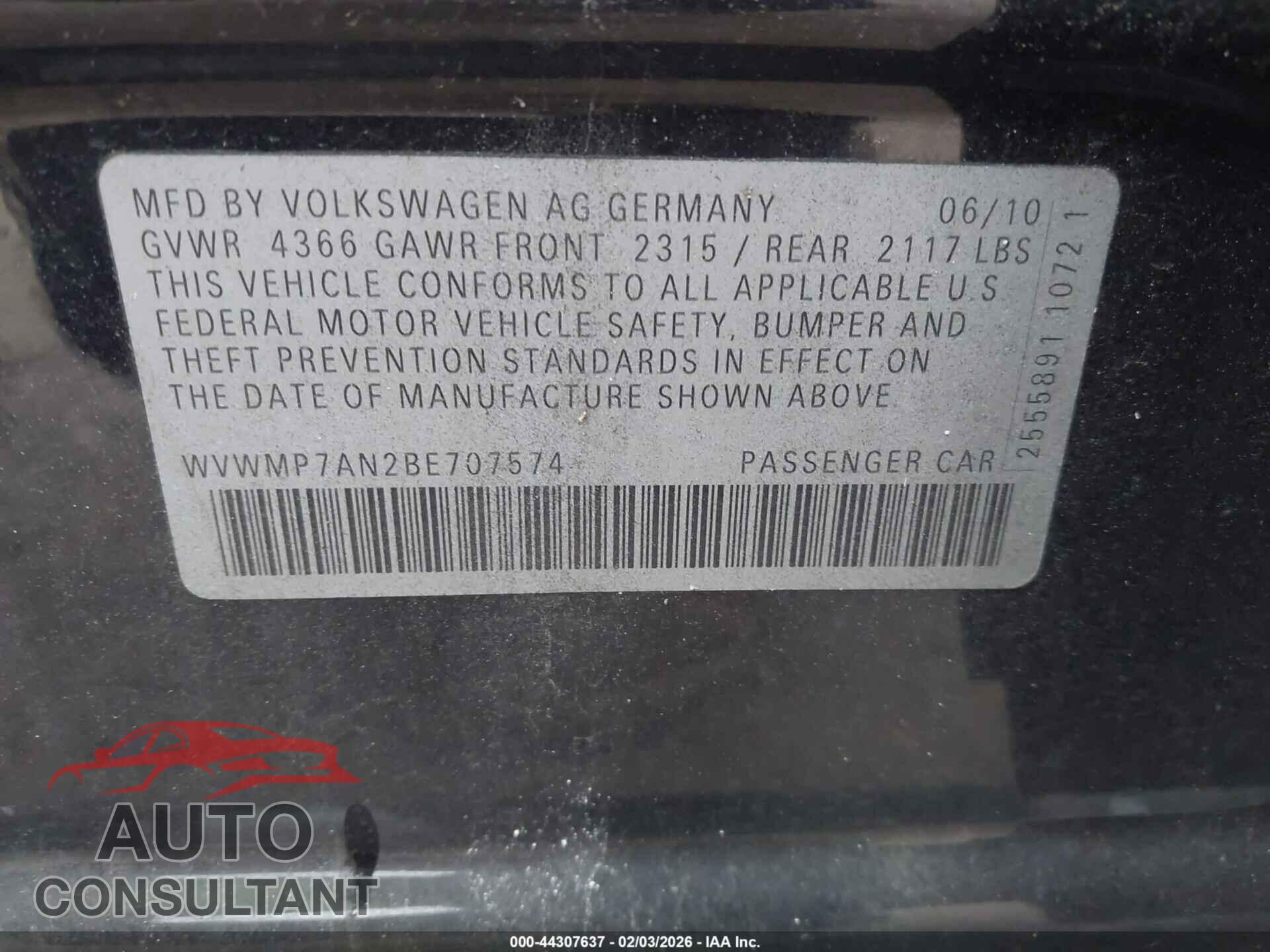 VOLKSWAGEN CC 2011 - WVWMP7AN2BE707574