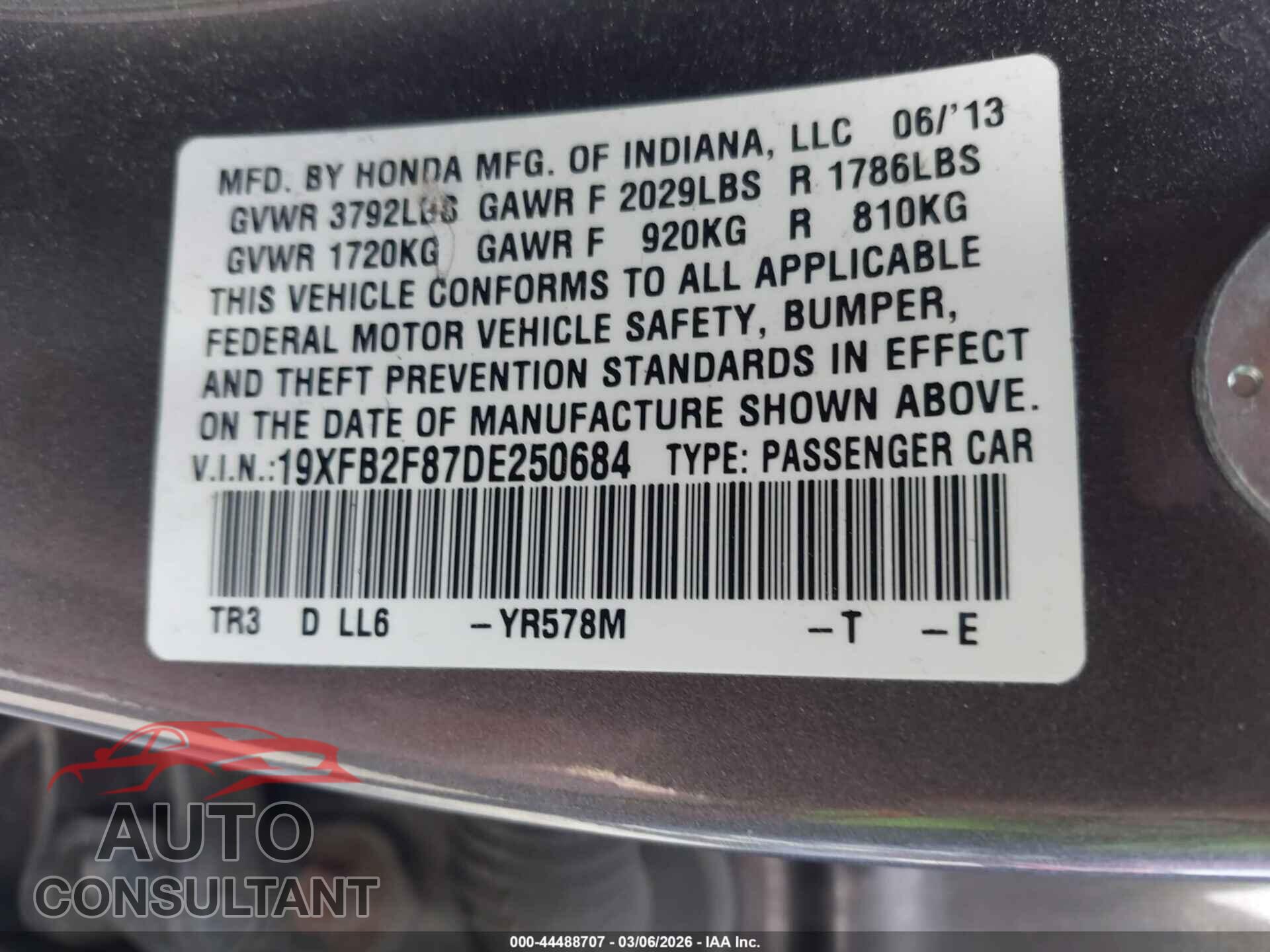 HONDA CIVIC 2013 - 19XFB2F87DE250684