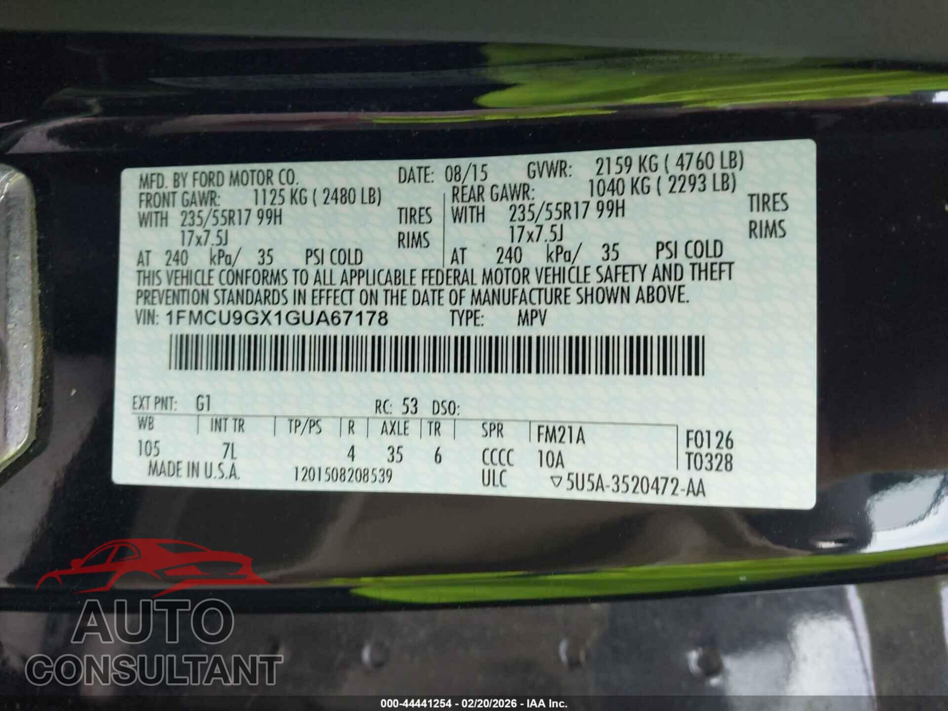 FORD ESCAPE 2016 - 1FMCU9GX1GUA67178