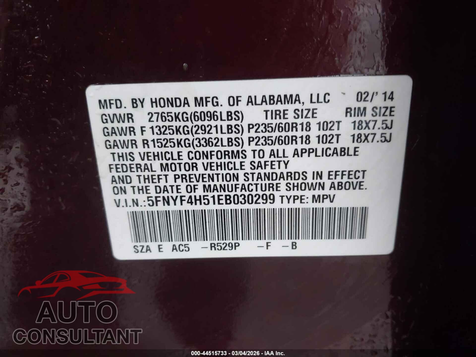 HONDA PILOT 2014 - 5FNYF4H51EB030299