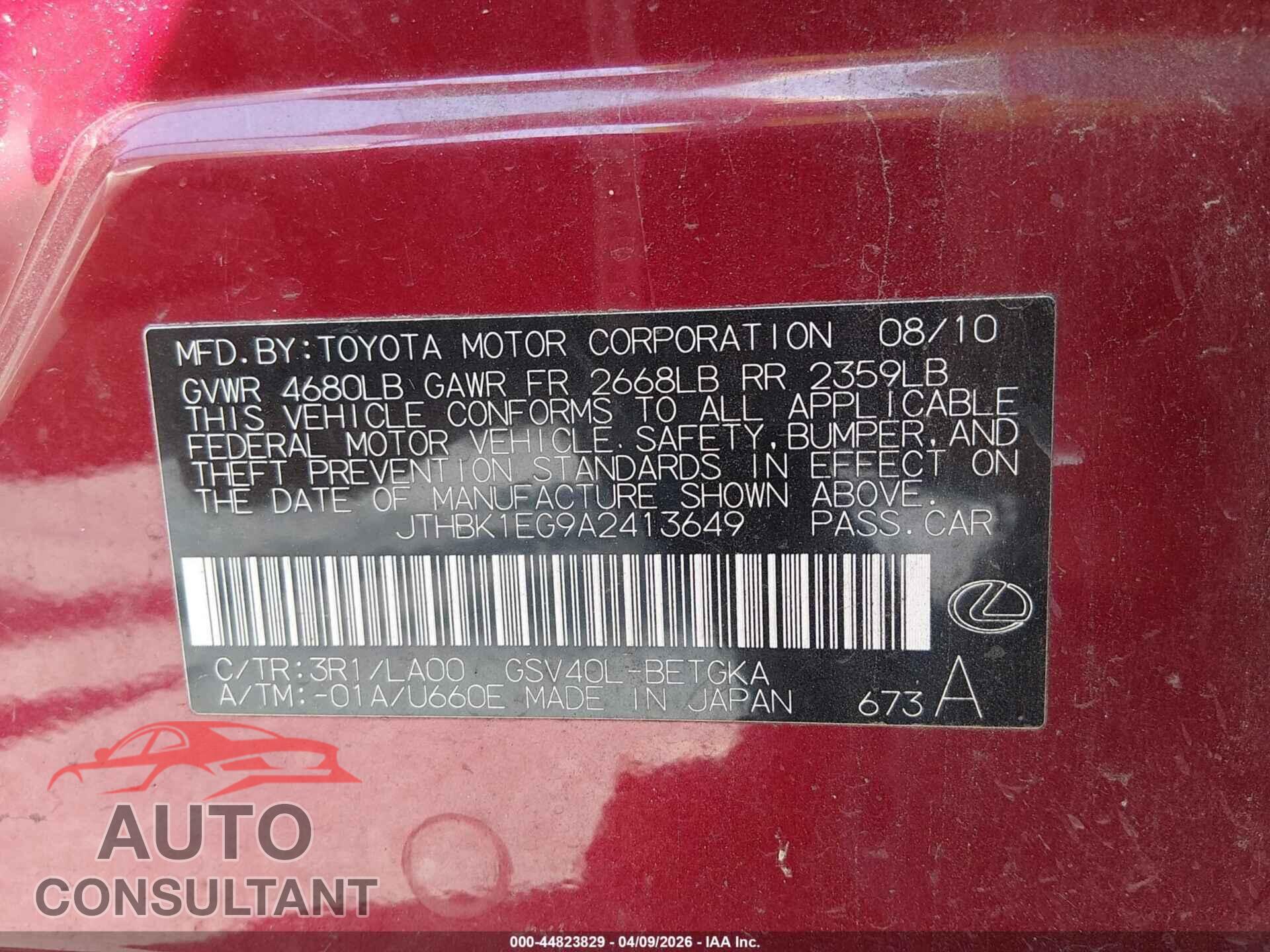 LEXUS ES 350 2010 - JTHBK1EG9A2413649