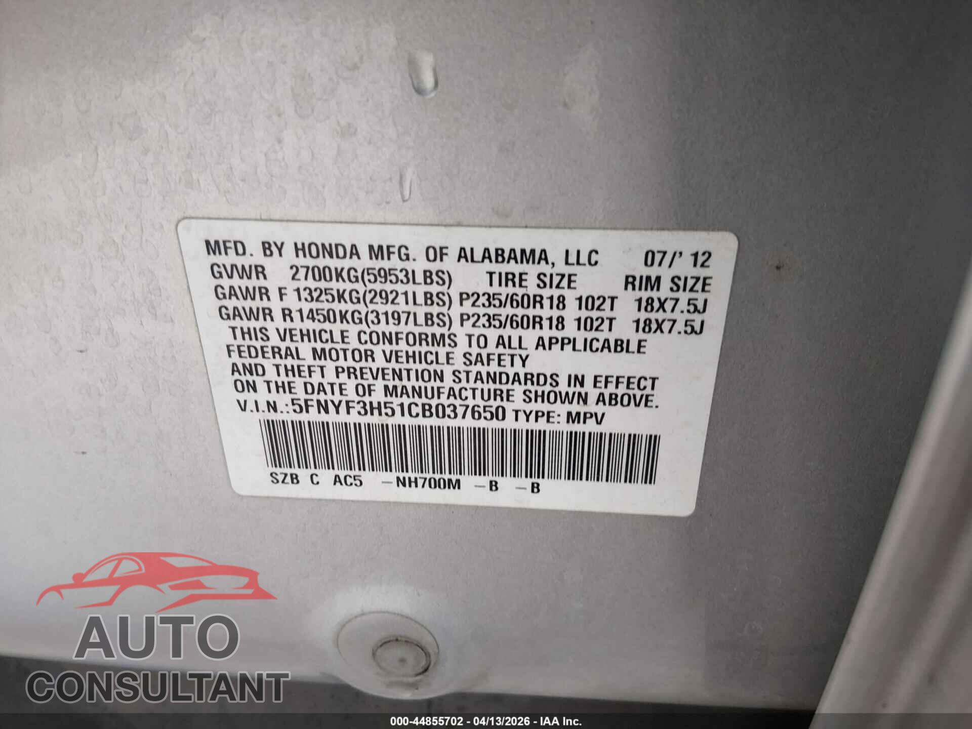 HONDA PILOT 2012 - 5FNYF3H51CB037650