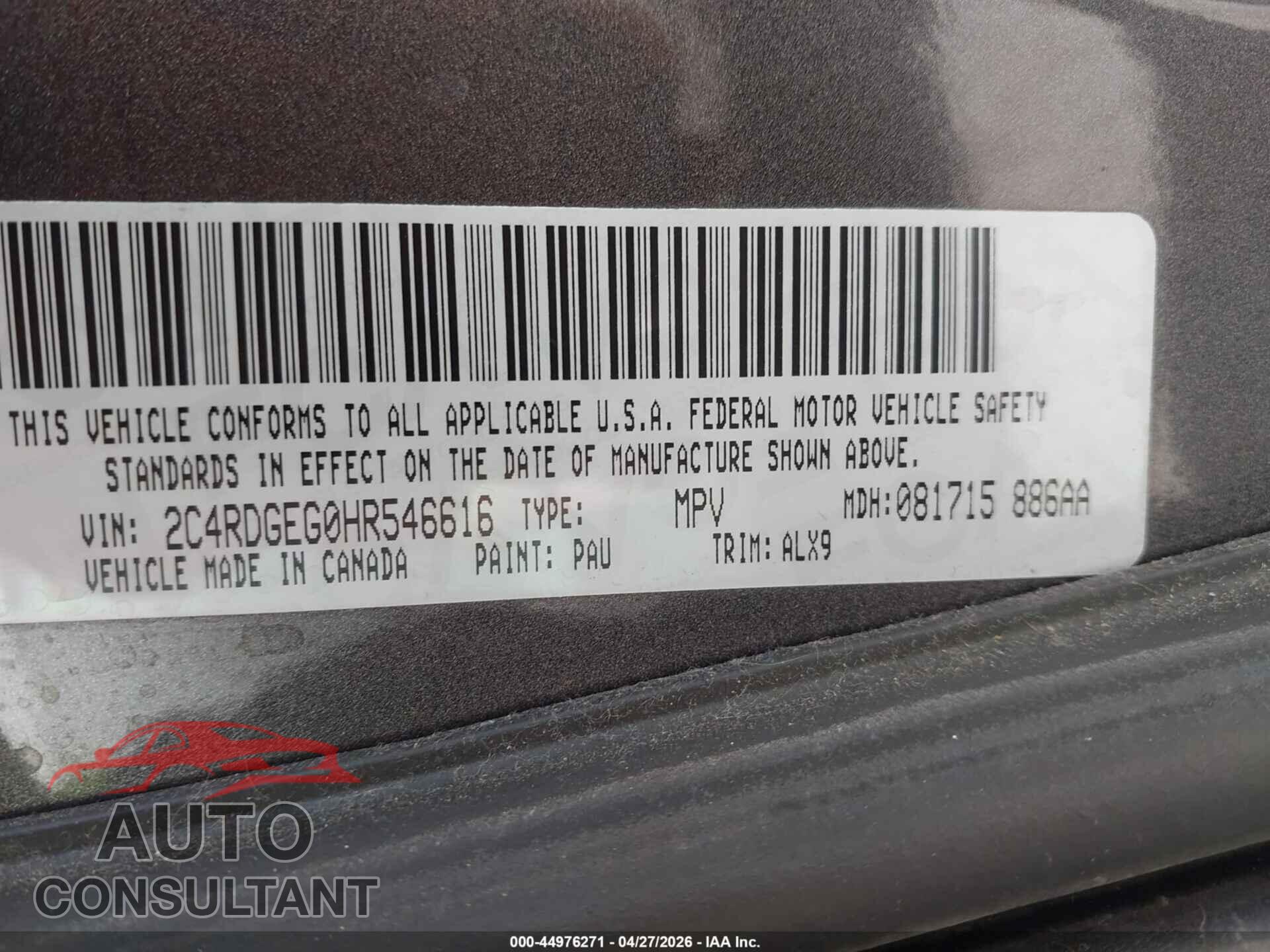 DODGE GRAND CARAVAN 2017 - 2C4RDGEG0HR546616