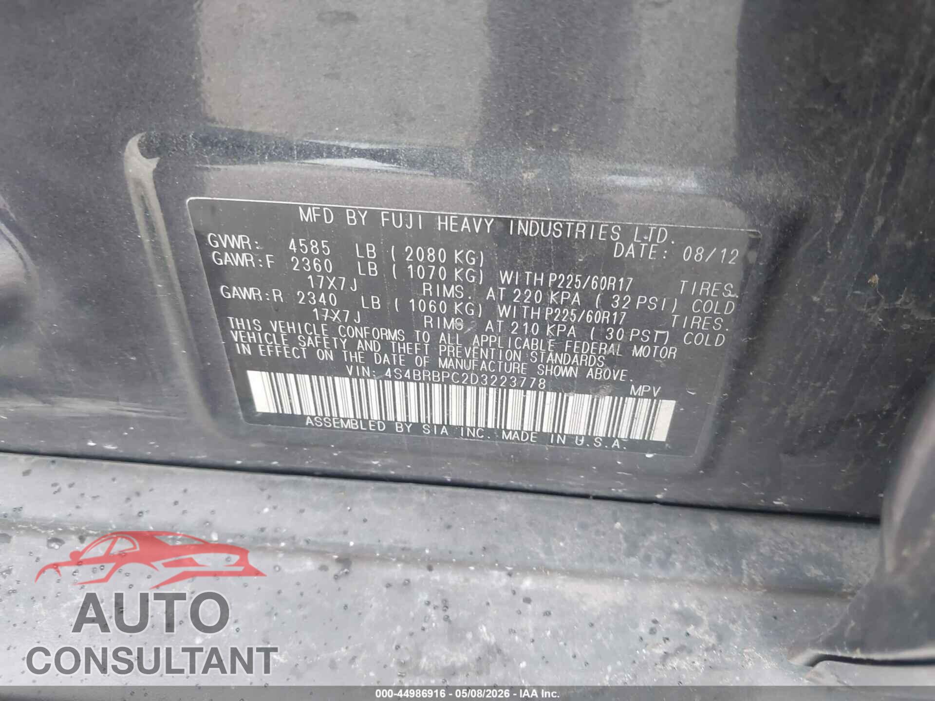 SUBARU OUTBACK 2013 - 4S4BRBPC2D3223778