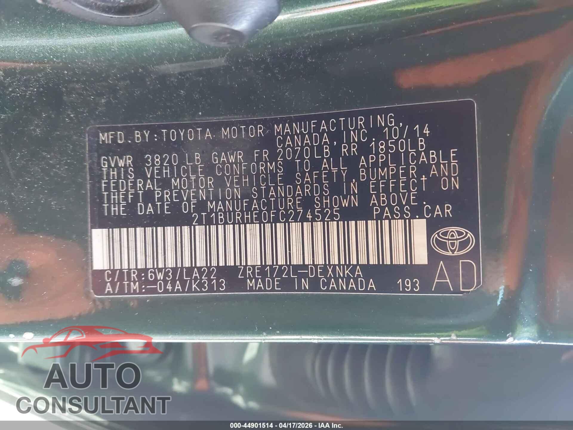 TOYOTA COROLLA 2015 - 2T1BURHE0FC274525