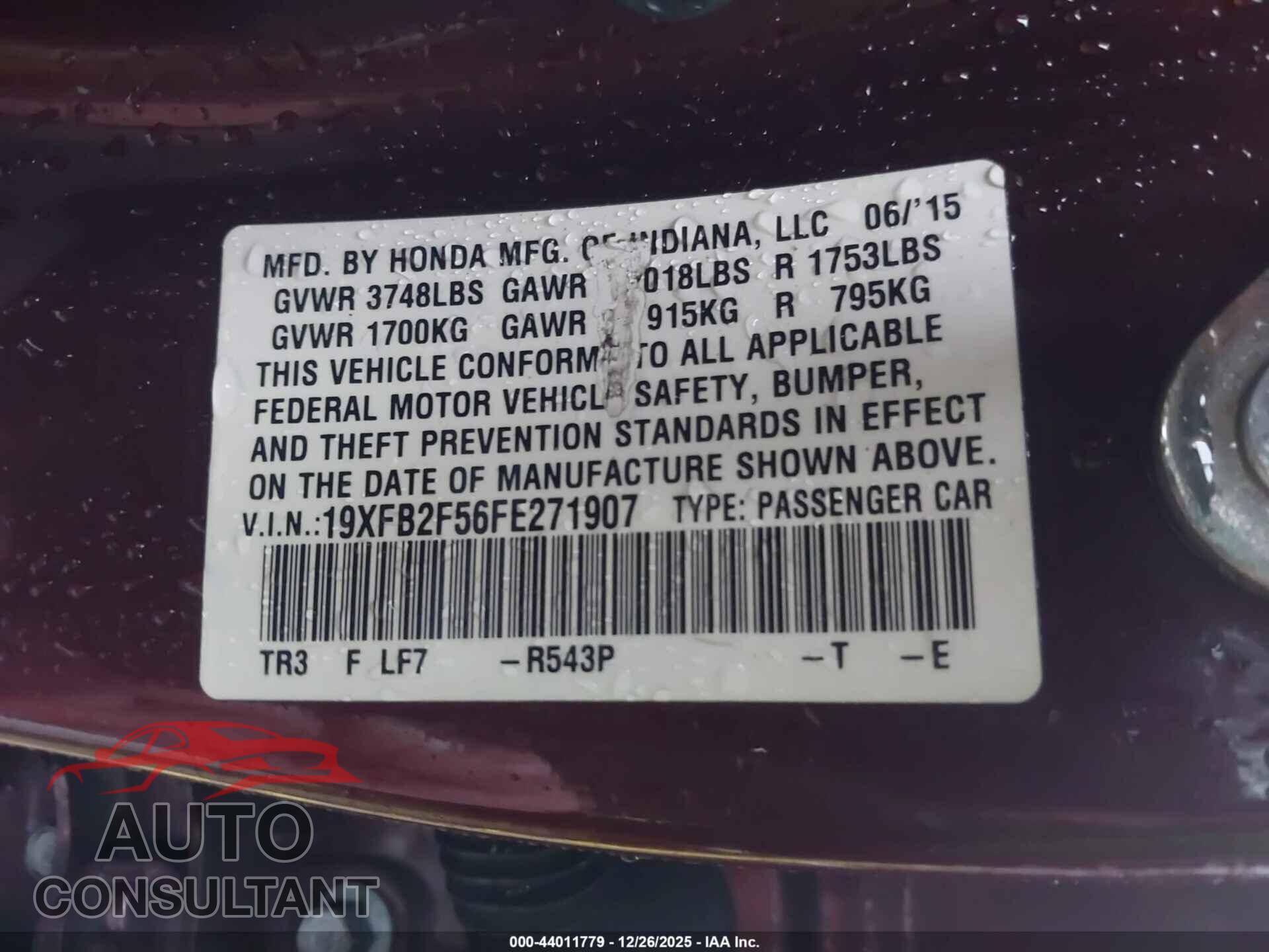 HONDA CIVIC 2015 - 19XFB2F56FE271907