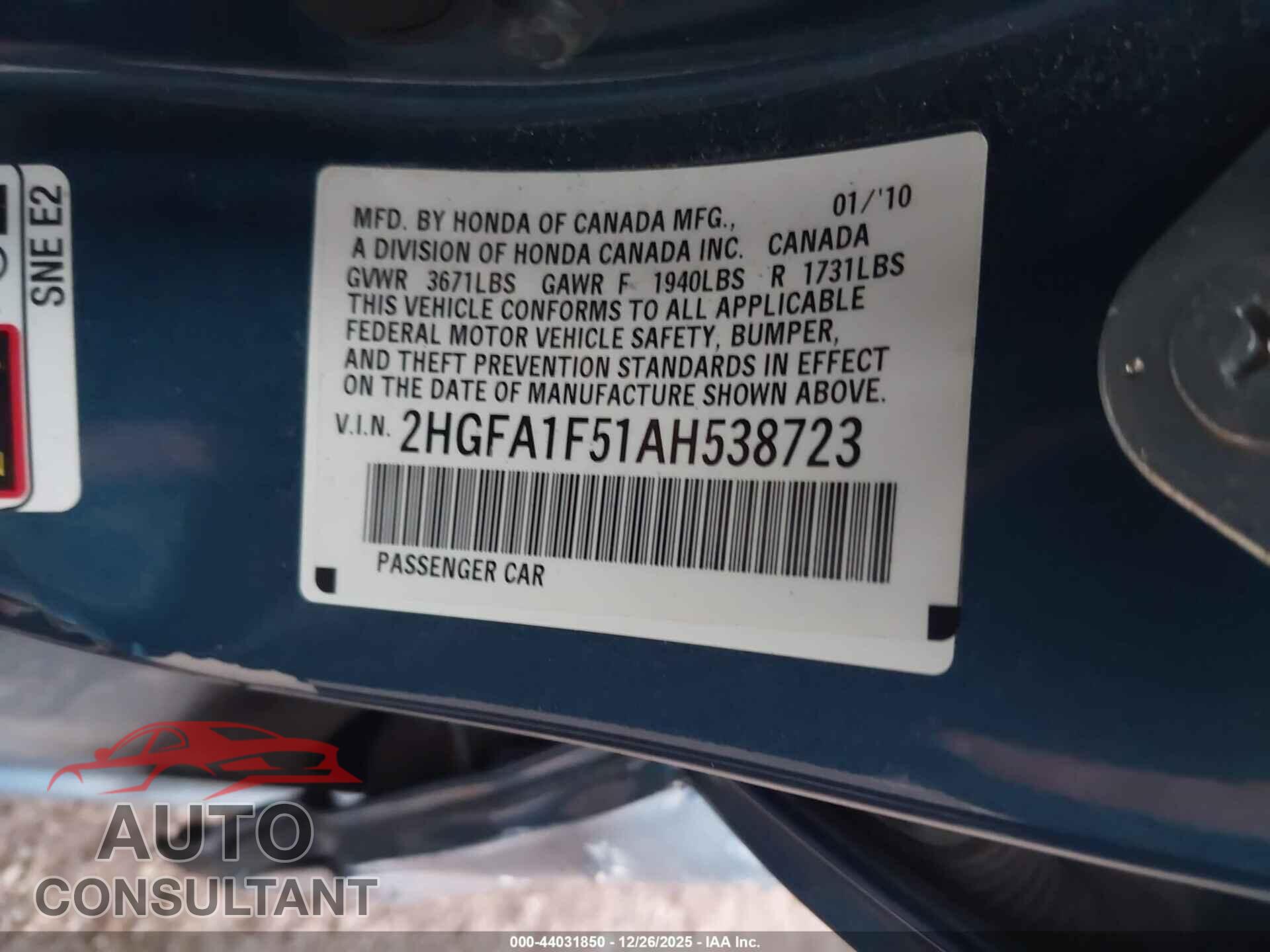 HONDA CIVIC 2010 - 2HGFA1F51AH538723