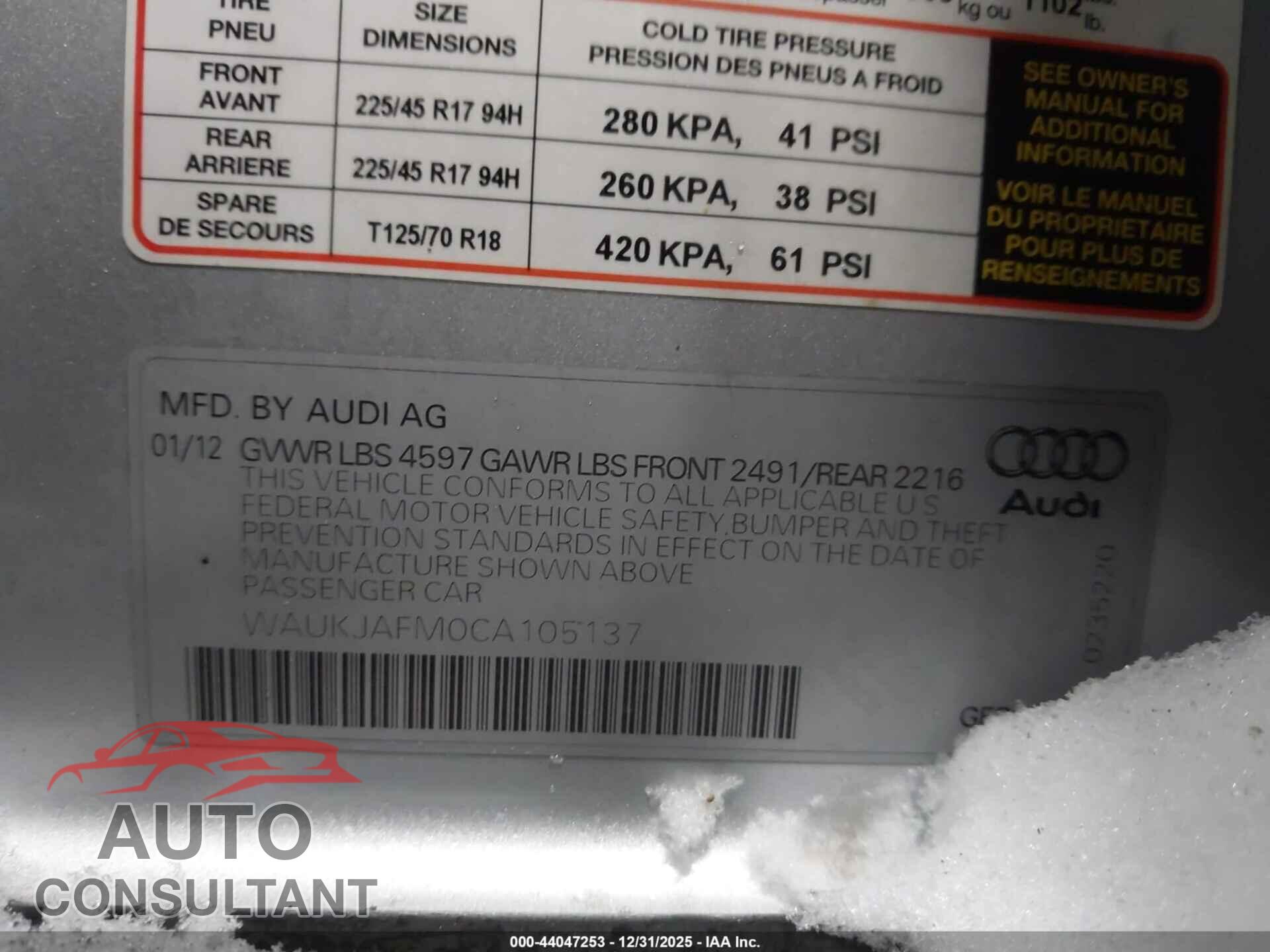 AUDI A3 2012 - WAUKJAFM0CA105137