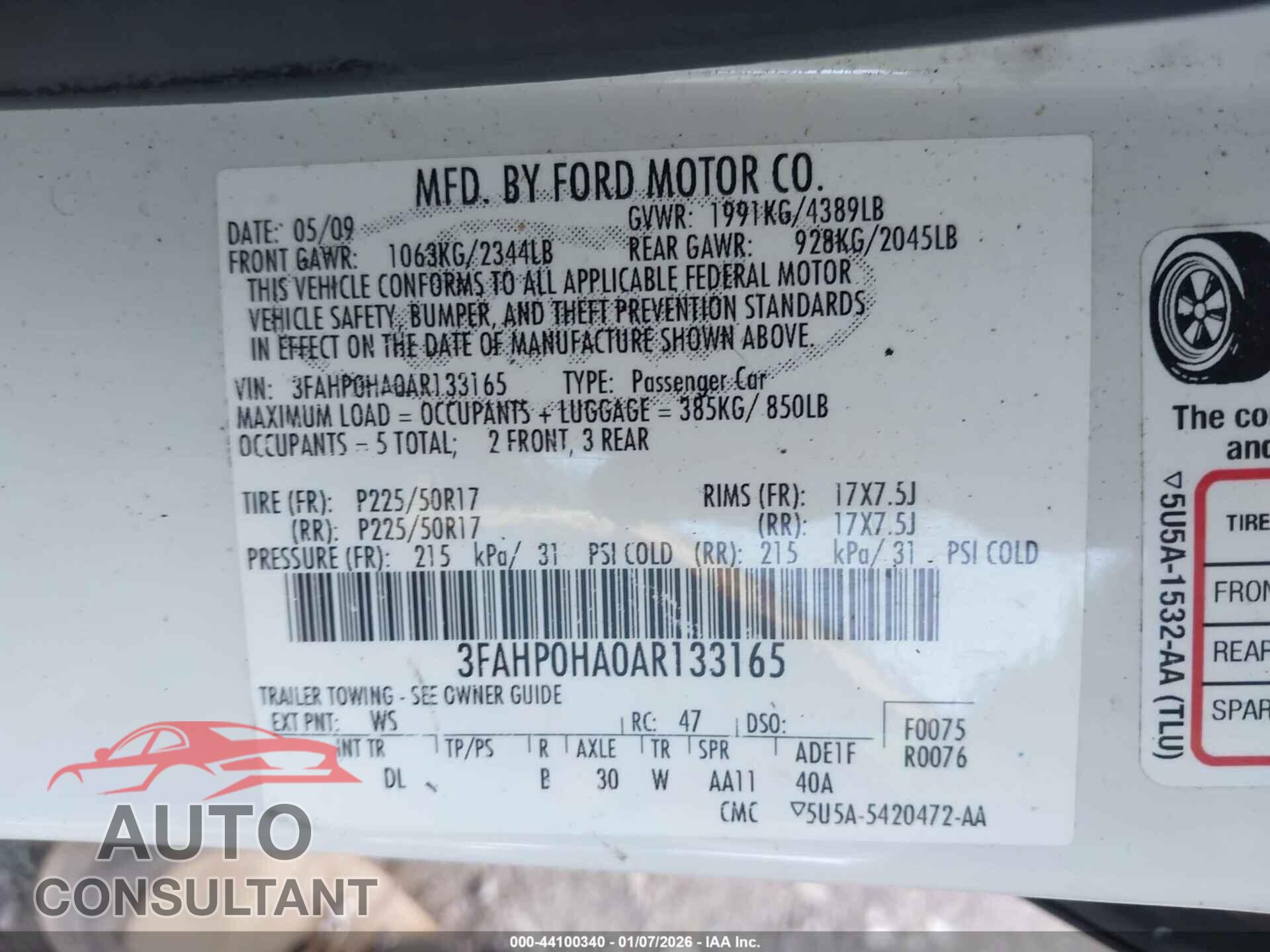 FORD FUSION 2010 - 3FAHP0HA0AR133165