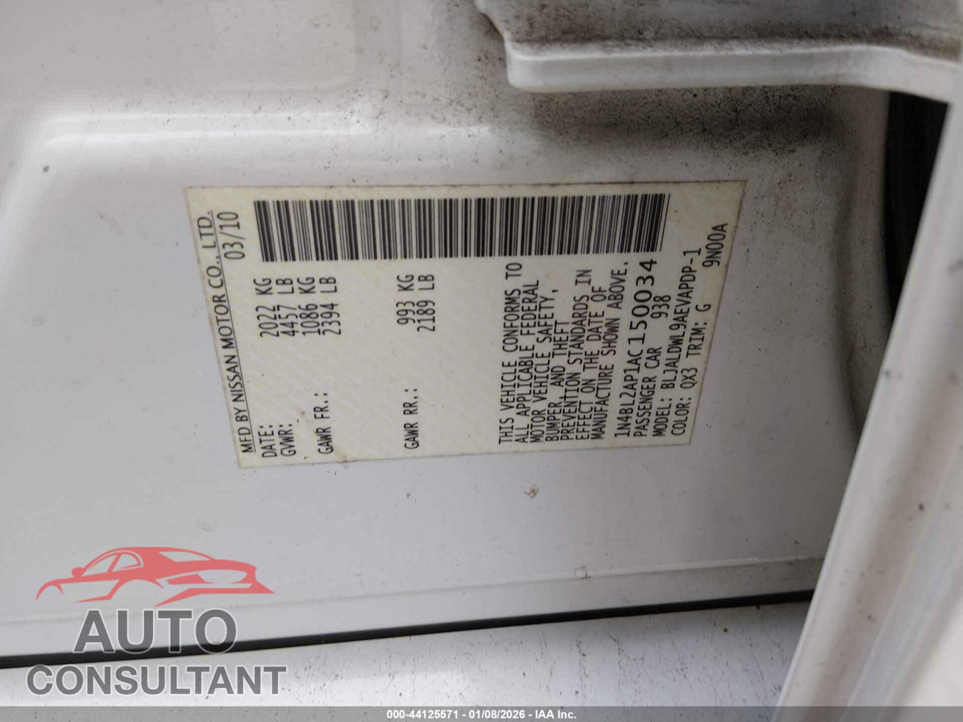 NISSAN ALTIMA 2010 - 1N4BL2AP1AC150034