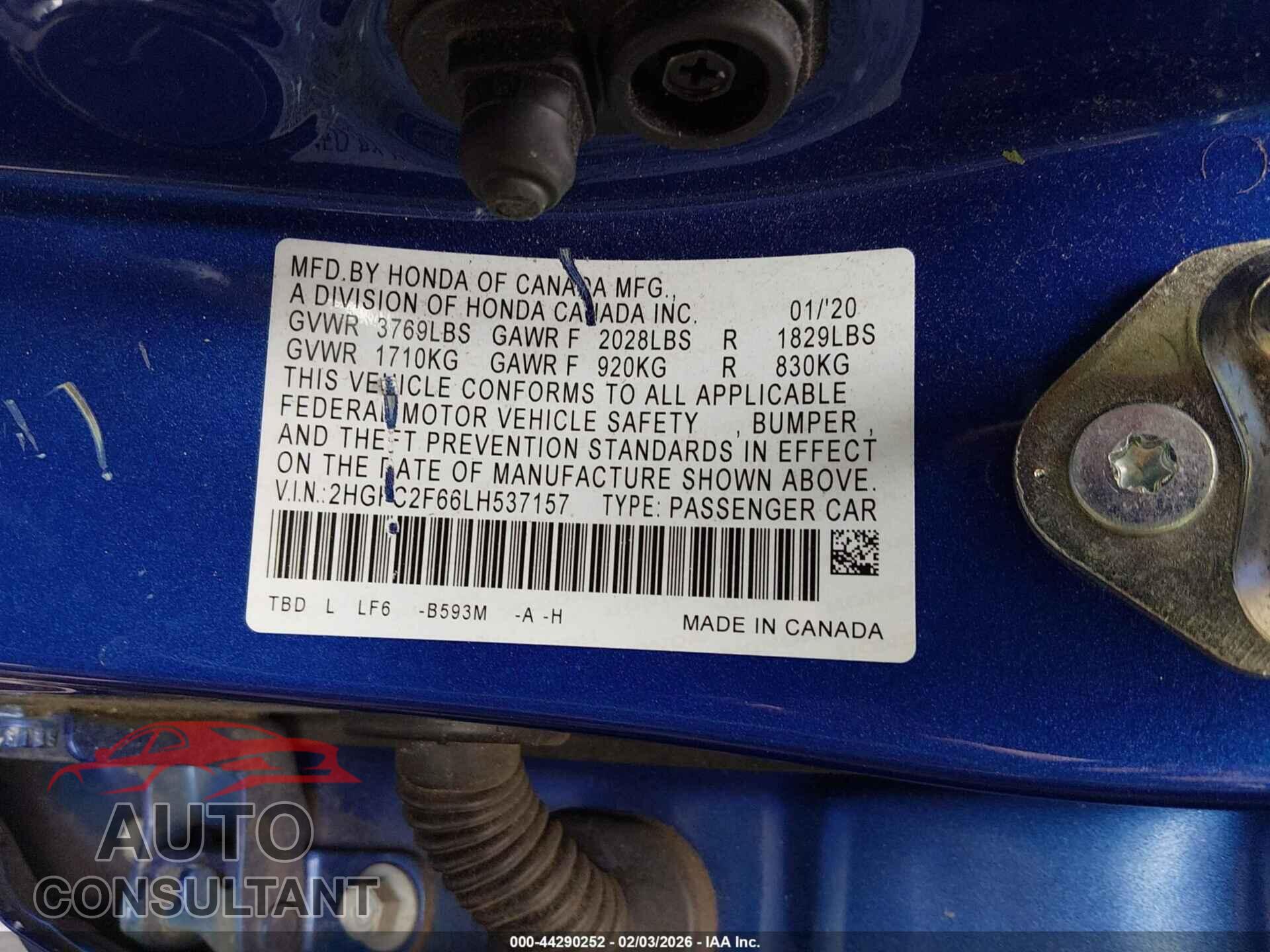HONDA CIVIC 2020 - 2HGFC2F66LH537157
