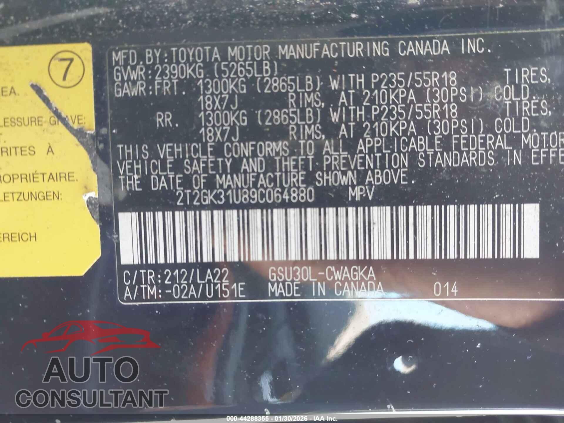 LEXUS RX 350 2009 - 2T2GK31U89C064880