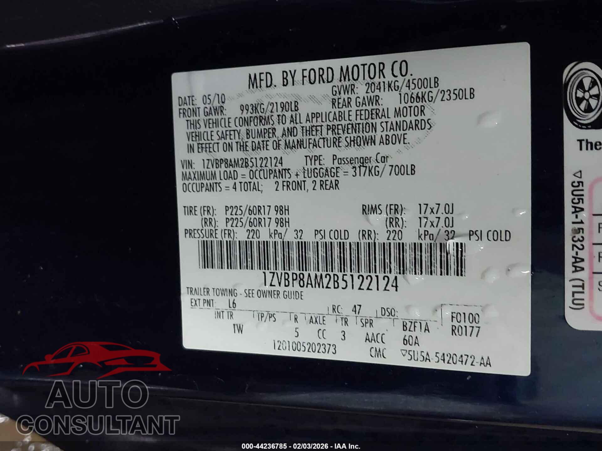 FORD MUSTANG 2011 - 1ZVBP8AM2B5122124