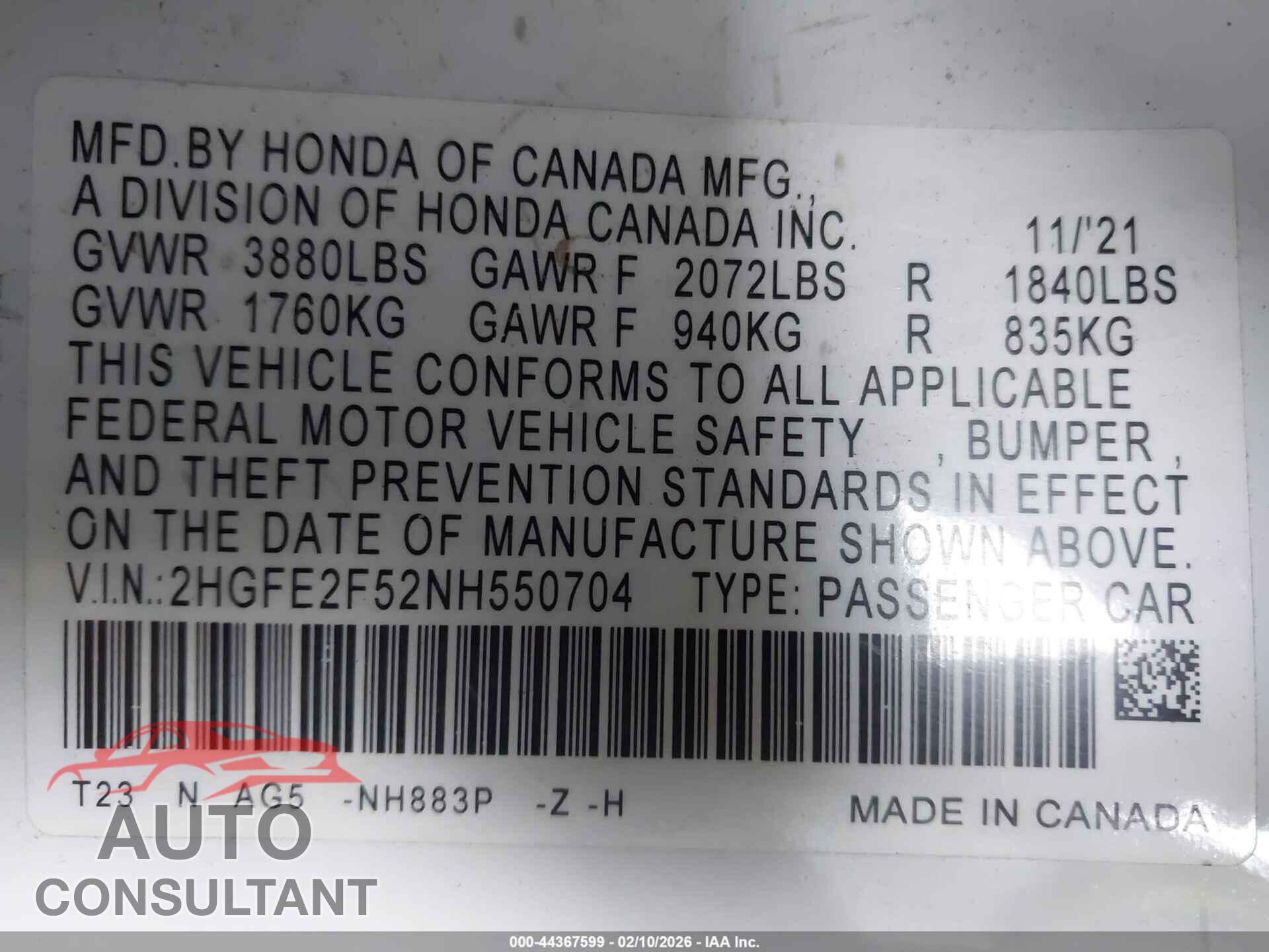 HONDA CIVIC 2022 - 2HGFE2F52NH550704