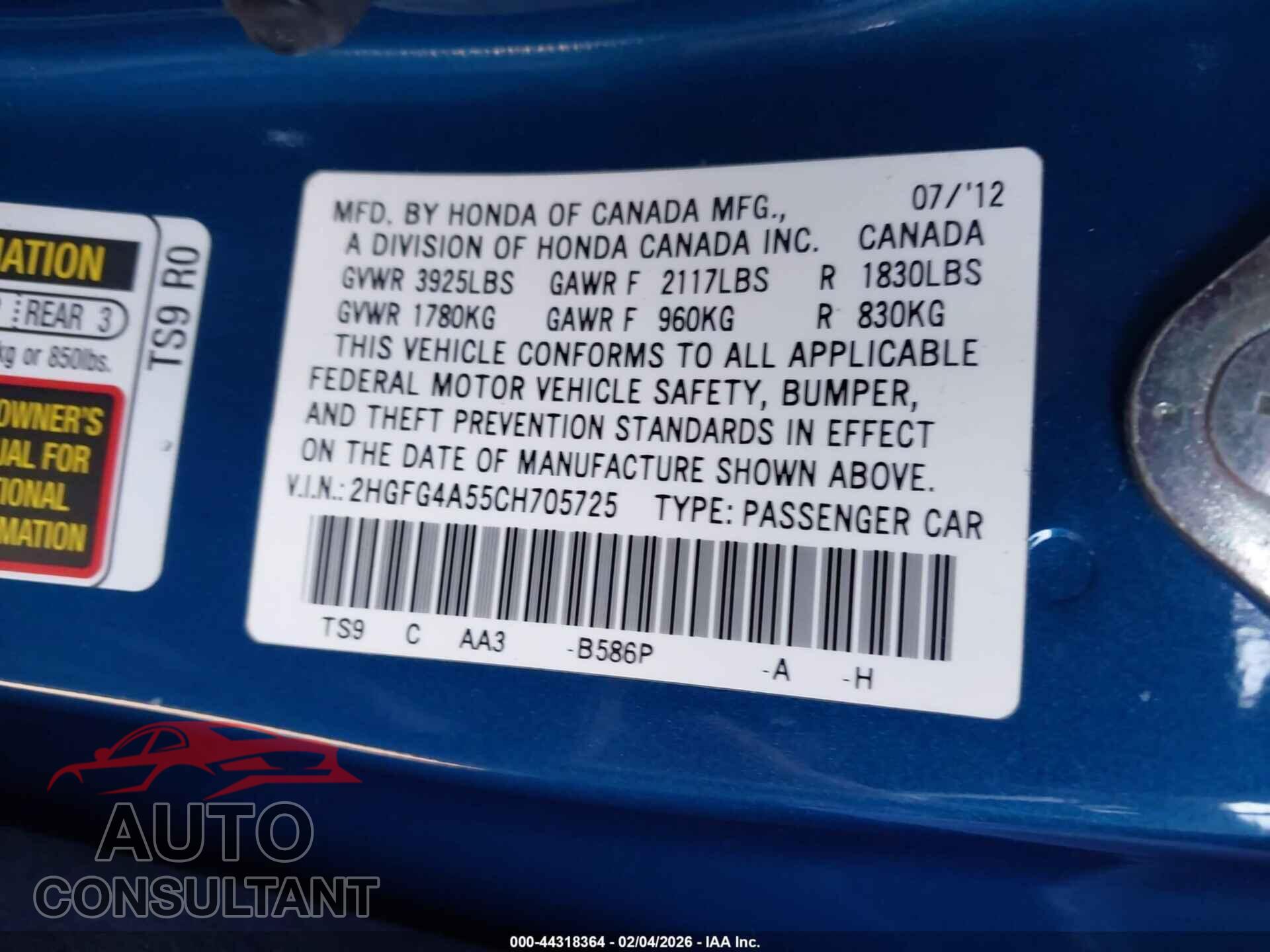 HONDA CIVIC 2012 - 2HGFG4A55CH705725