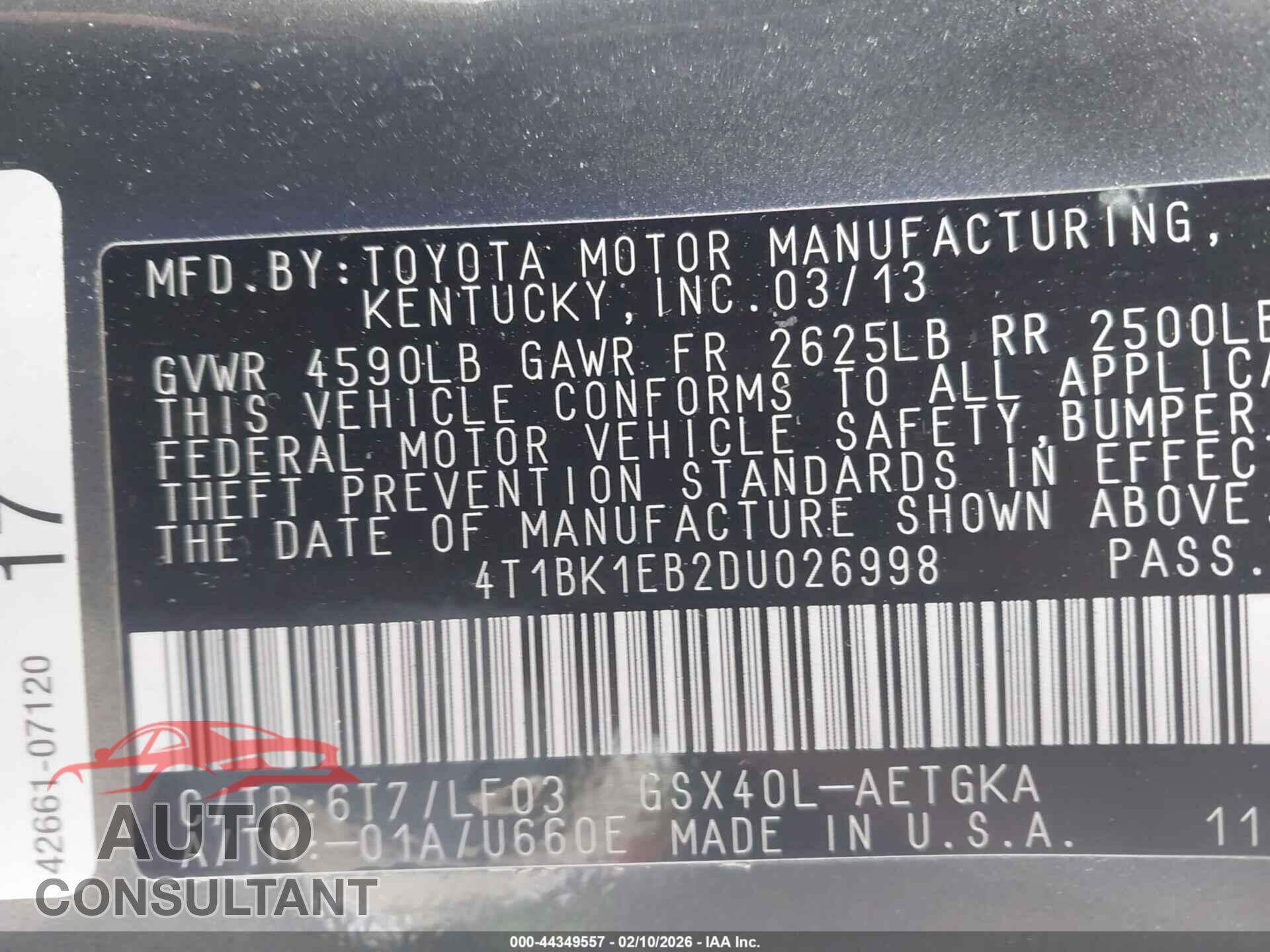 TOYOTA AVALON 2013 - 4T1BK1EB2DU026998