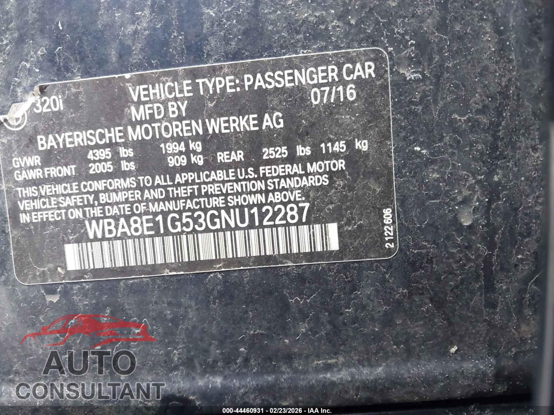 BMW 320I 2016 - WBA8E1G53GNU12287
