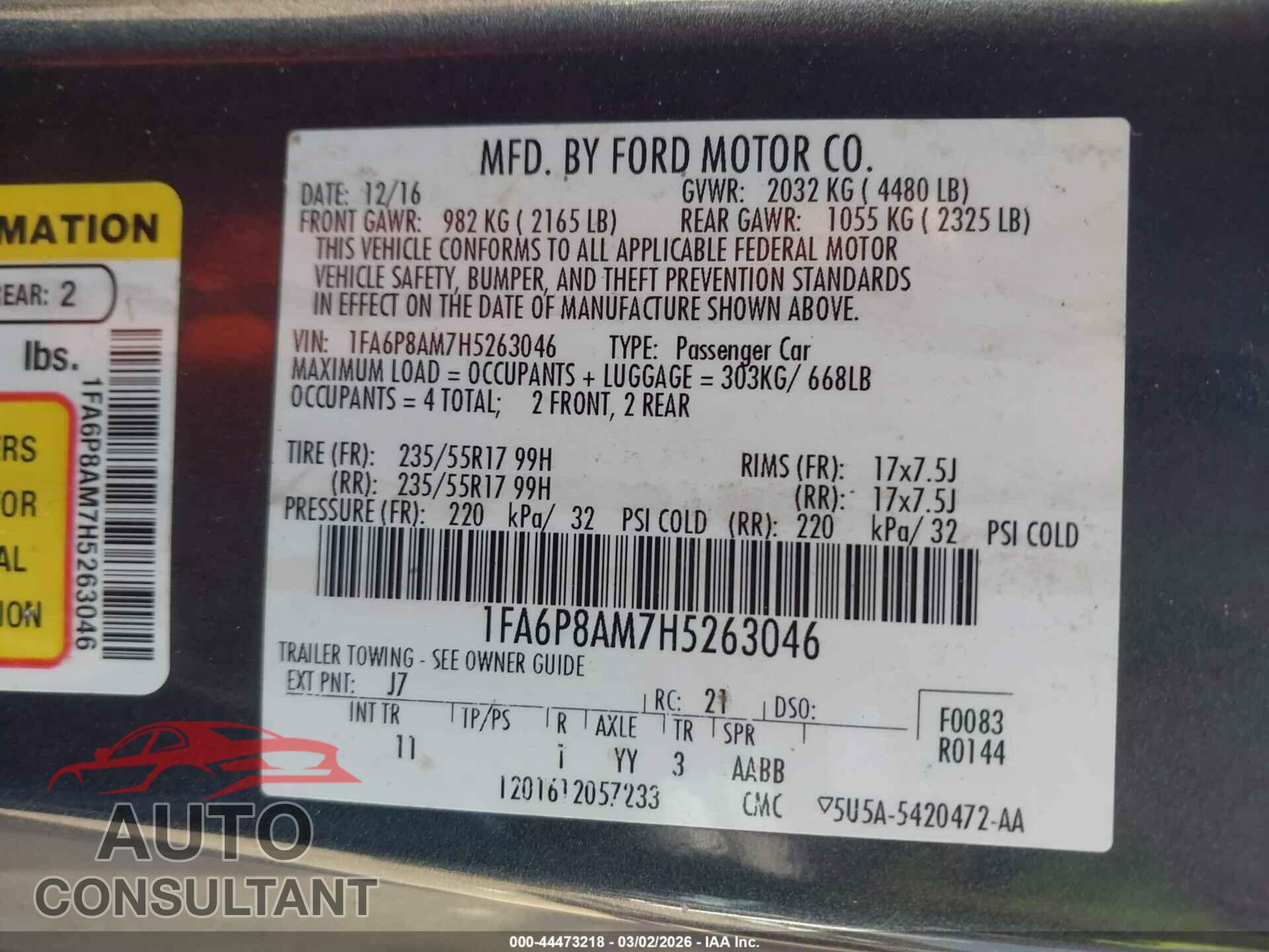 FORD MUSTANG 2017 - 1FA6P8AM7H5263046