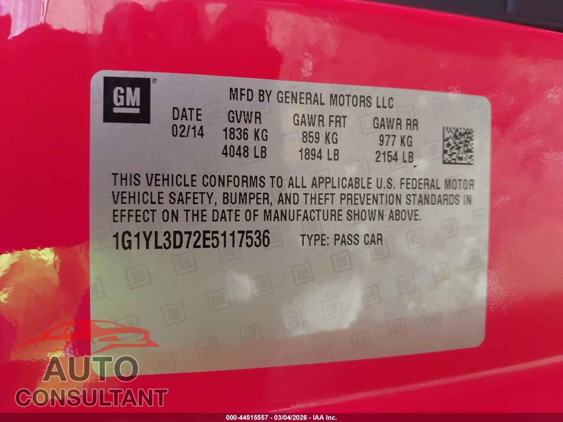 CHEVROLET CORVETTE STINGRAY 2014 - 1G1YL3D72E5117536