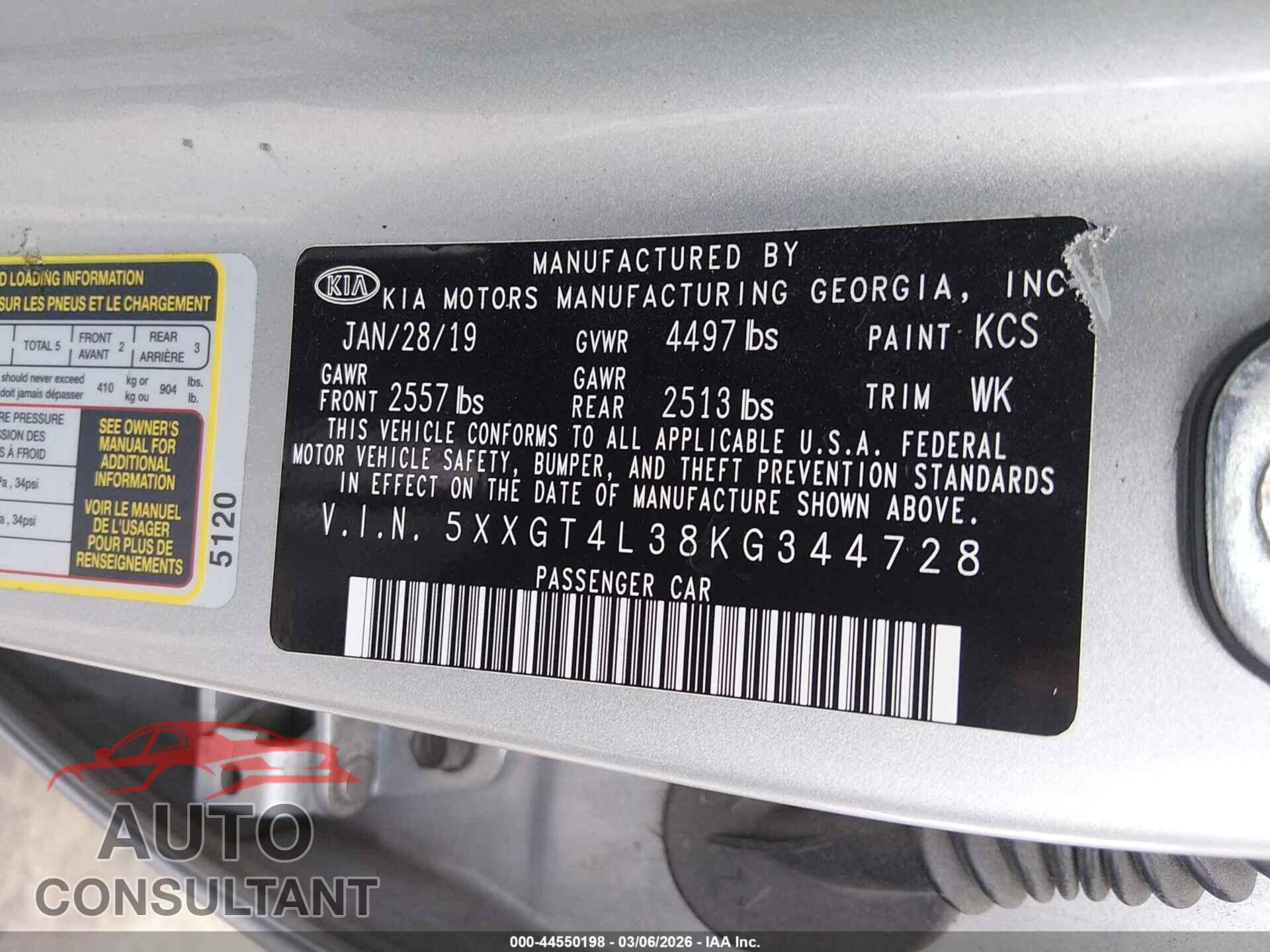 KIA OPTIMA 2019 - 5XXGT4L38KG344728