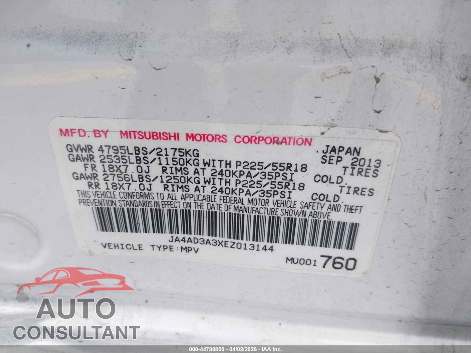 MITSUBISHI OUTLANDER 2014 - JA4AD3A3XEZ013144