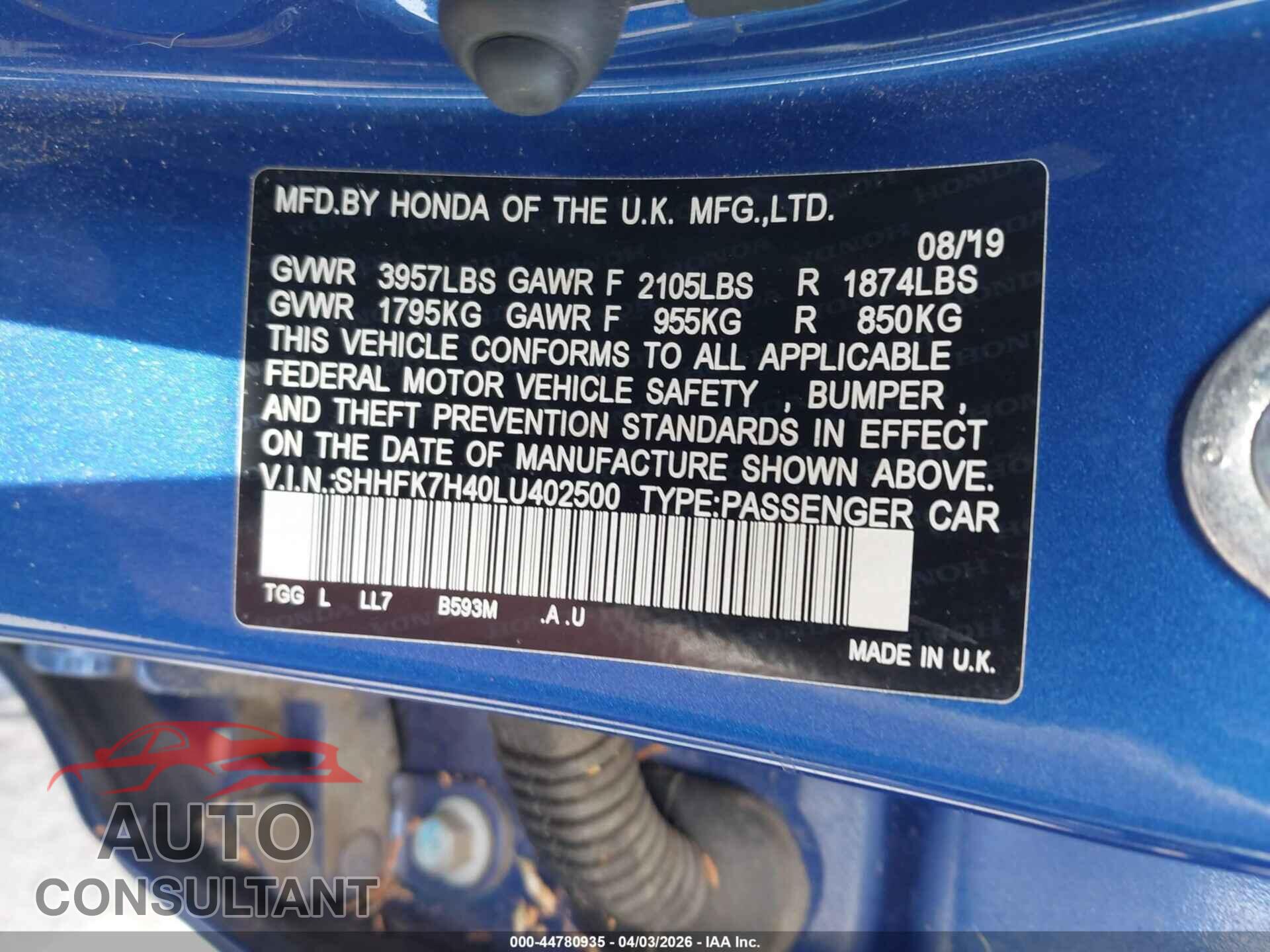 HONDA CIVIC 2020 - SHHFK7H40LU402500