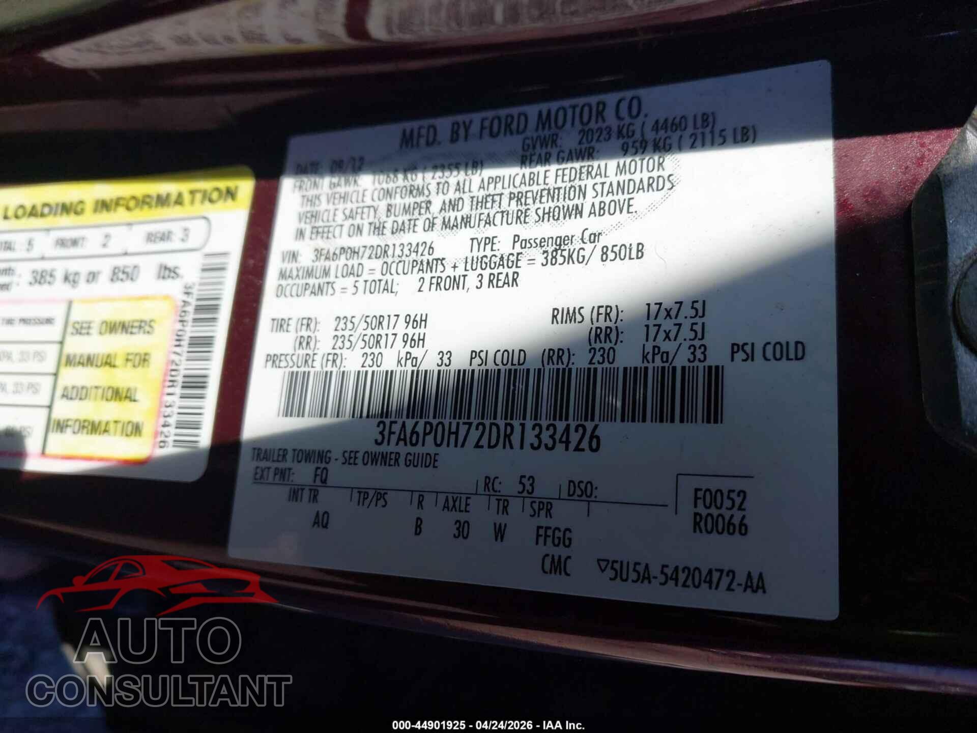 FORD FUSION 2013 - 3FA6P0H72DR133426