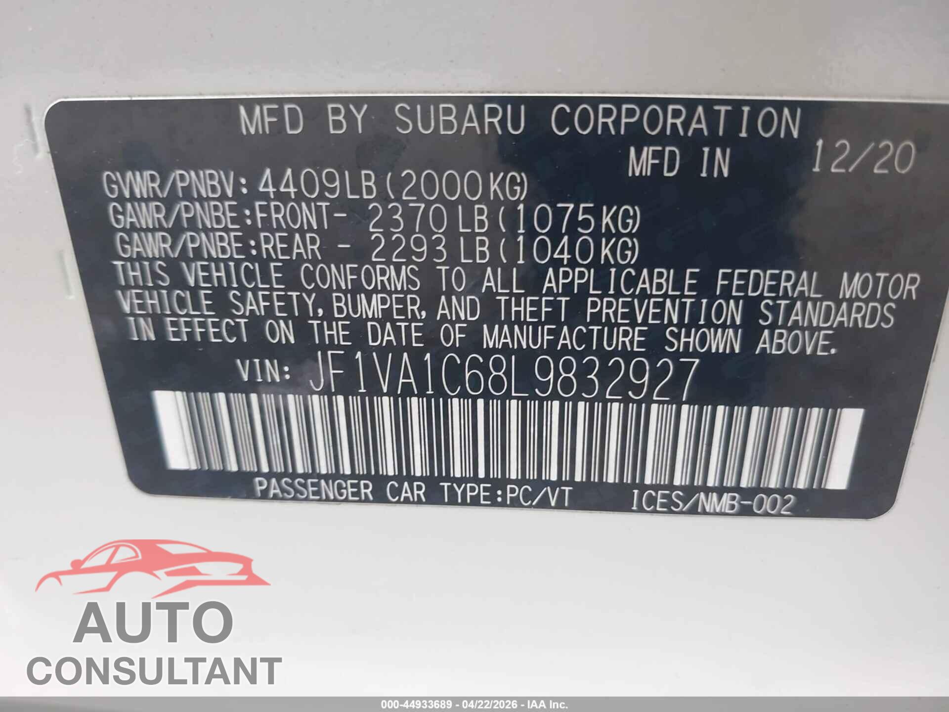 SUBARU WRX 2020 - JF1VA1C68L9832927