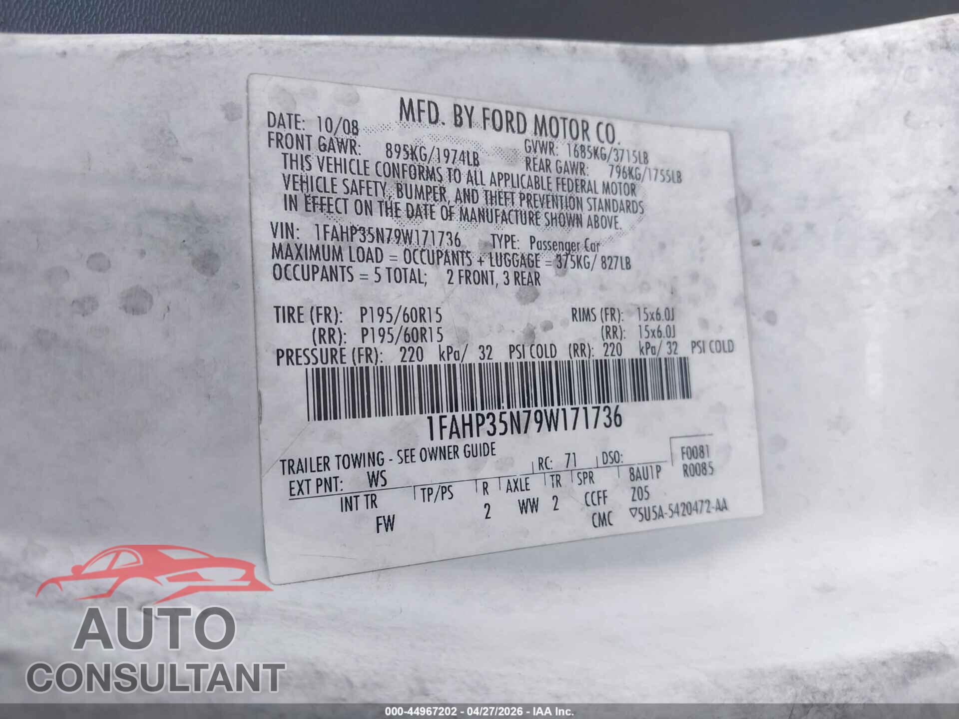 FORD FOCUS 2009 - 1FAHP35N79W171736