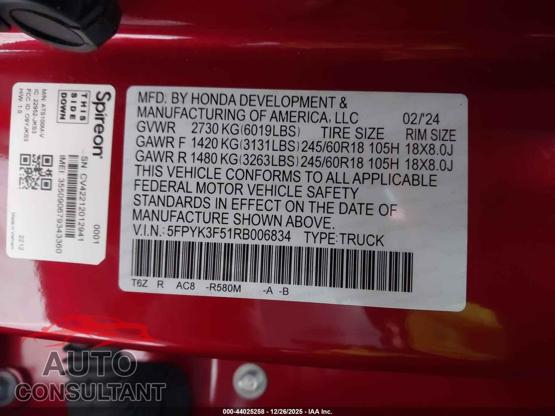 HONDA RIDGELINE 2024 - 5FPYK3F51RB006834