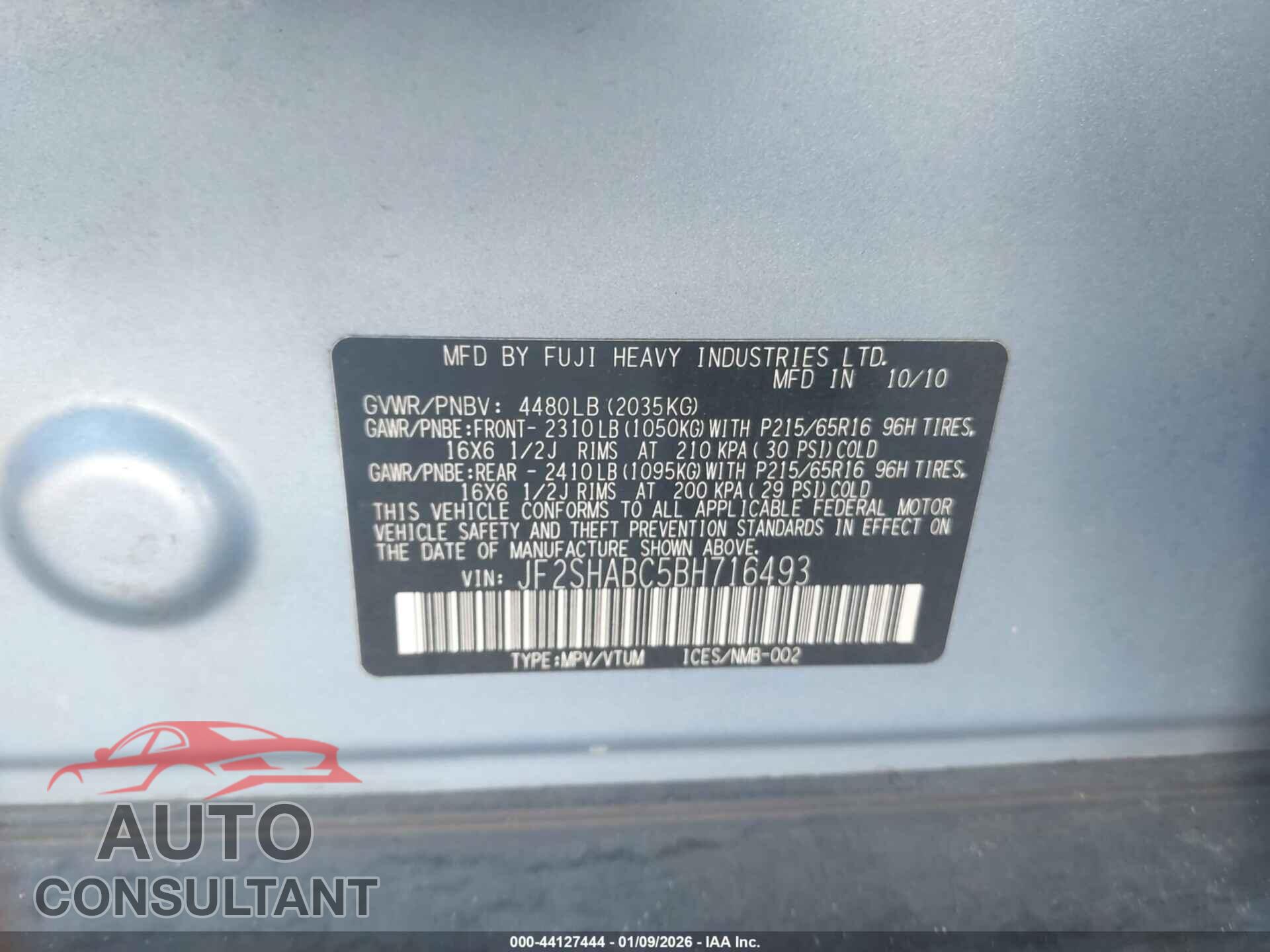 SUBARU FORESTER 2011 - JF2SHABC5BH716493
