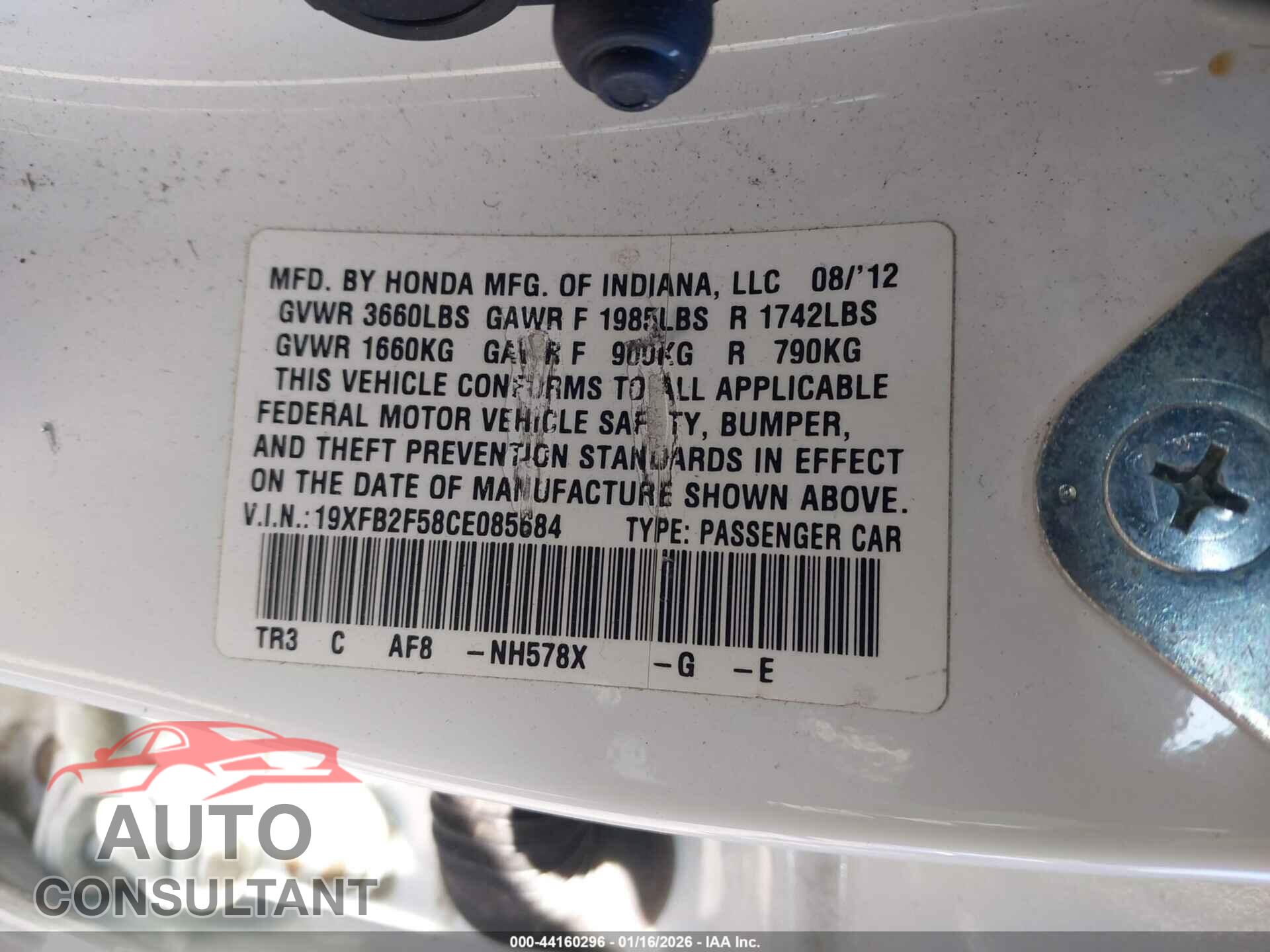 HONDA CIVIC 2012 - 19XFB2F58CE085684