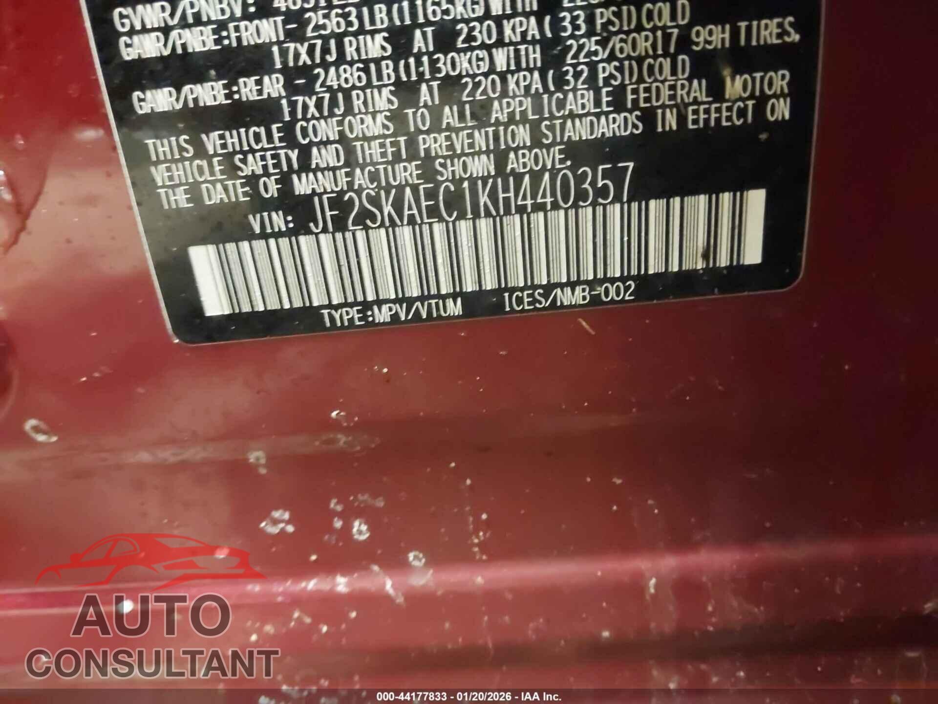 SUBARU FORESTER 2019 - JF2SKAEC1KH440357