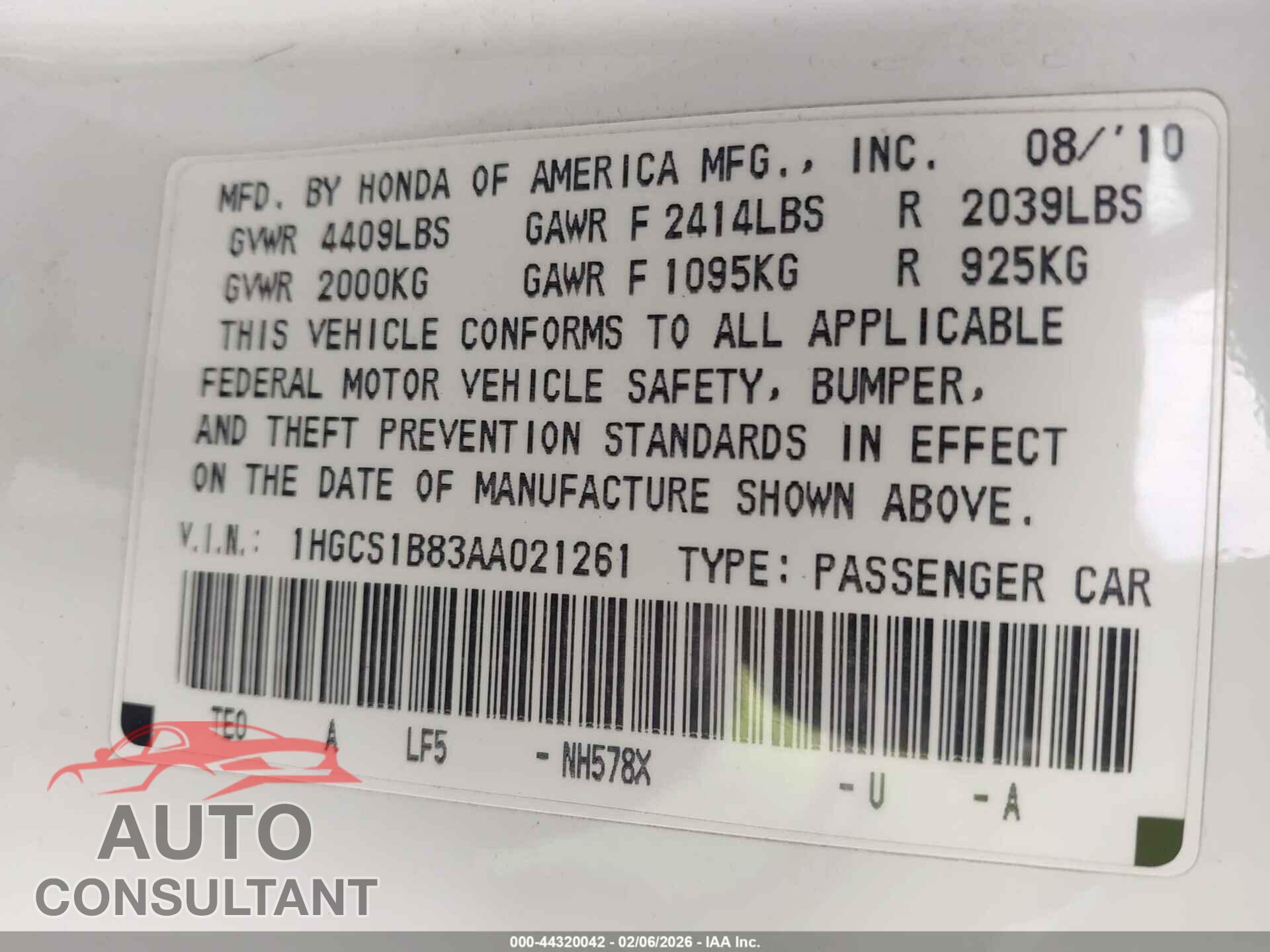 HONDA ACCORD 2010 - 1HGCS1B83AA021261