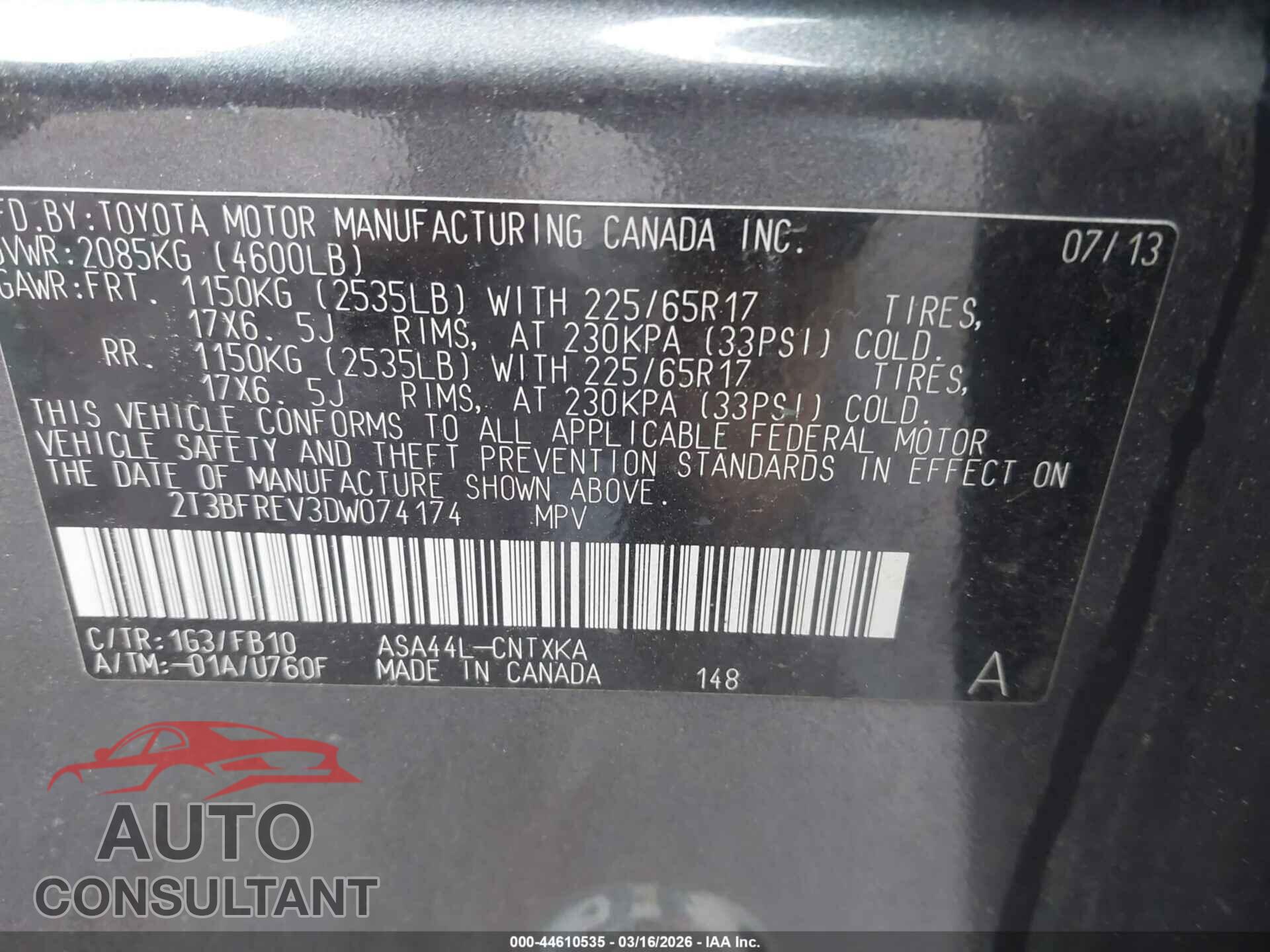 TOYOTA RAV4 2013 - 2T3BFREV3DW074174