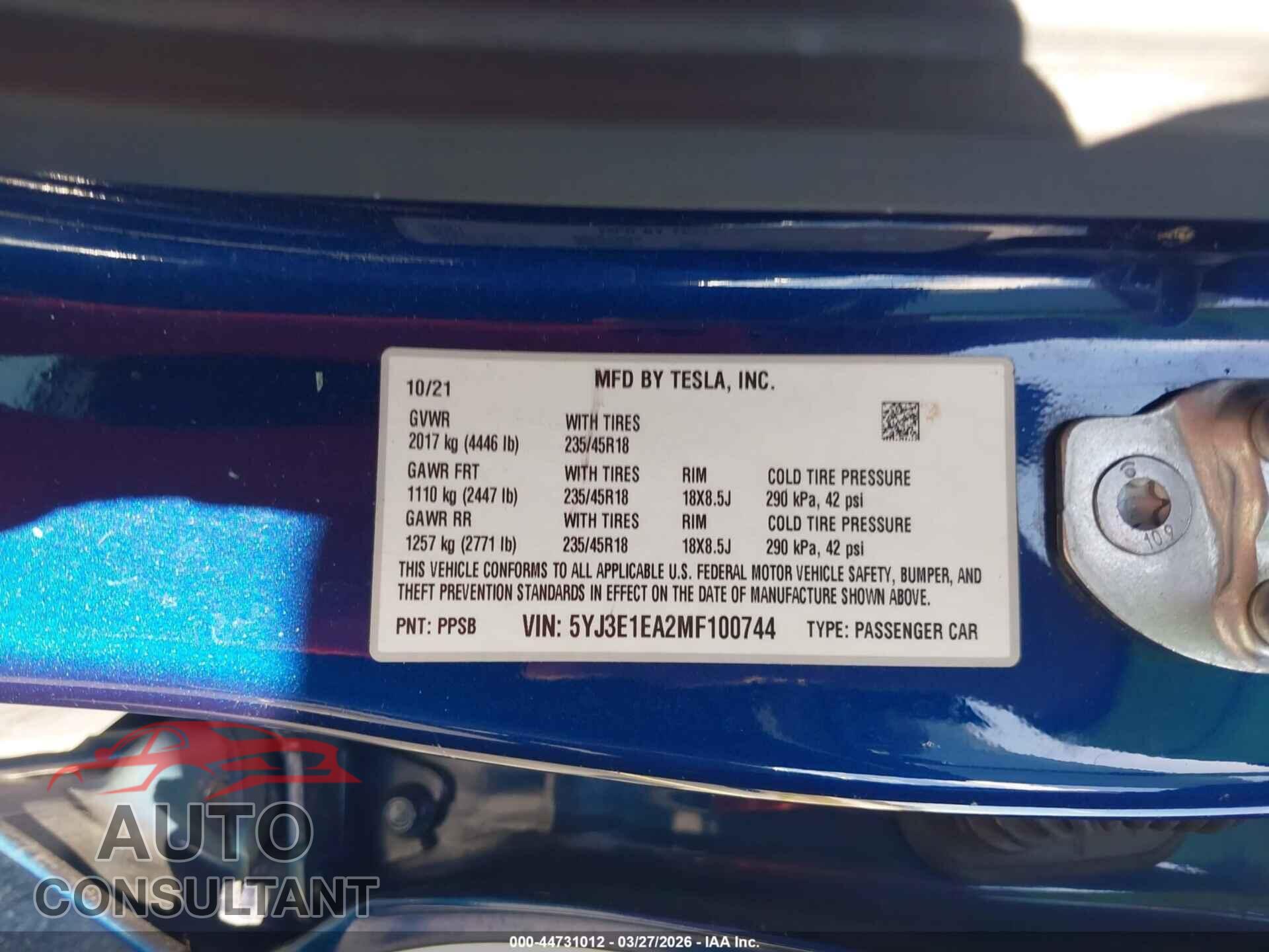 TESLA MODEL 3 2021 - 5YJ3E1EA2MF100744